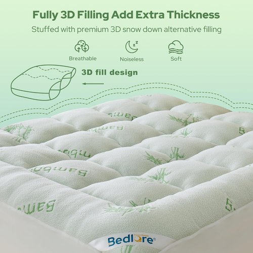 BEDLORE Twin Mattress Topper - Soft Bamboo Viscose Pillow Top for Back Pain Relief | Fits 6"-15" Mattresses