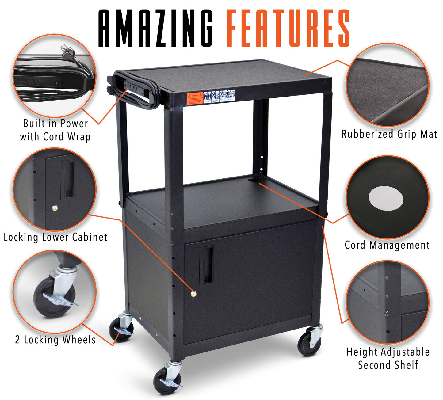 Line Leader AV Cart w/Locking Cabinet, Black Metal Utility Cart with Storage Shelf - Height Adjustable, Mobile and Great for Offices, Classrooms, Libraries (Black, 24in x 18in)