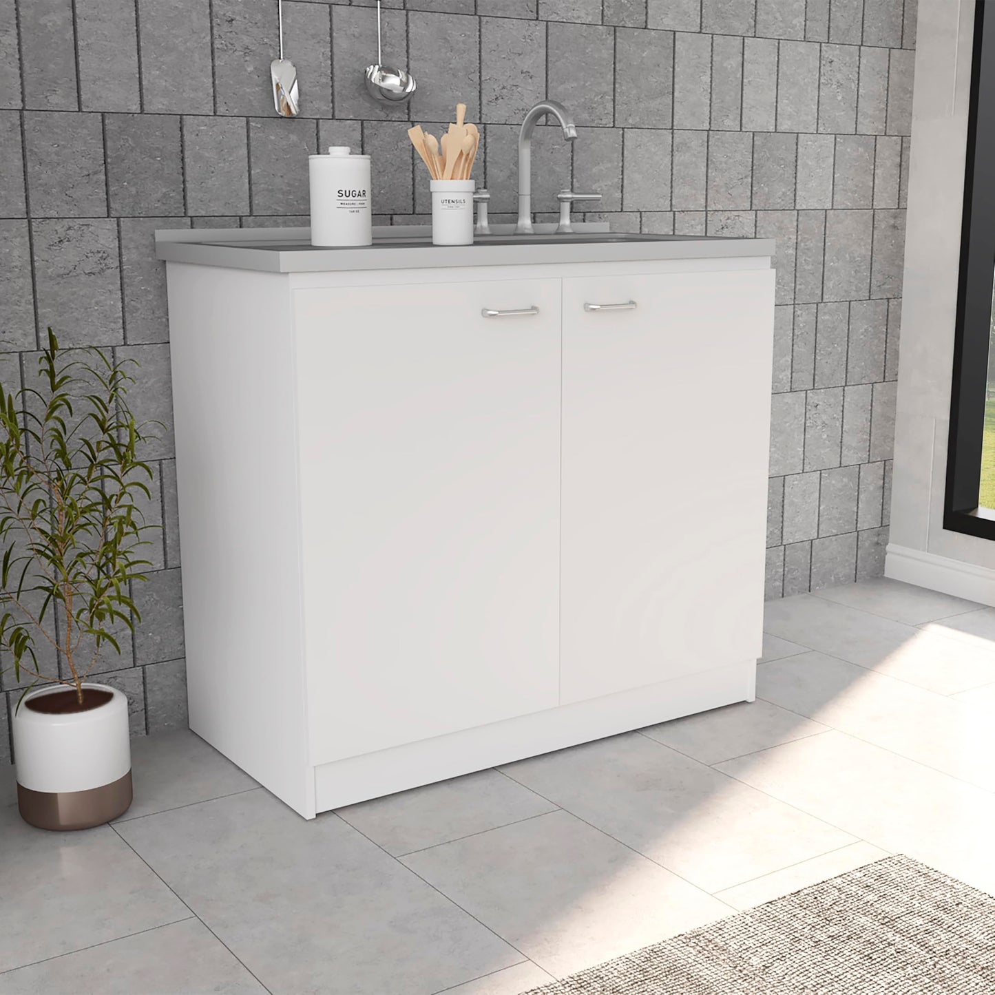 DEPOT E-SHOP Salento Utility Freestanding Sink with Cabinet 35.4" H x 39.3" W - Double Door, Two Shelves, Metal Handles, Aluminum Countertop, White, with Integrated Steel Sink