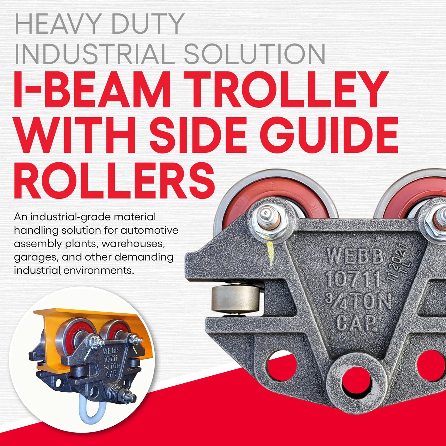 Jervis Webb Beam Trolley With Side Guide Rollers. Heavy Duty 3/4 Ton 1,500 Pounds Capacity. Industrial Grade Conveyor Trolley for I-Beams and Chain Hoists