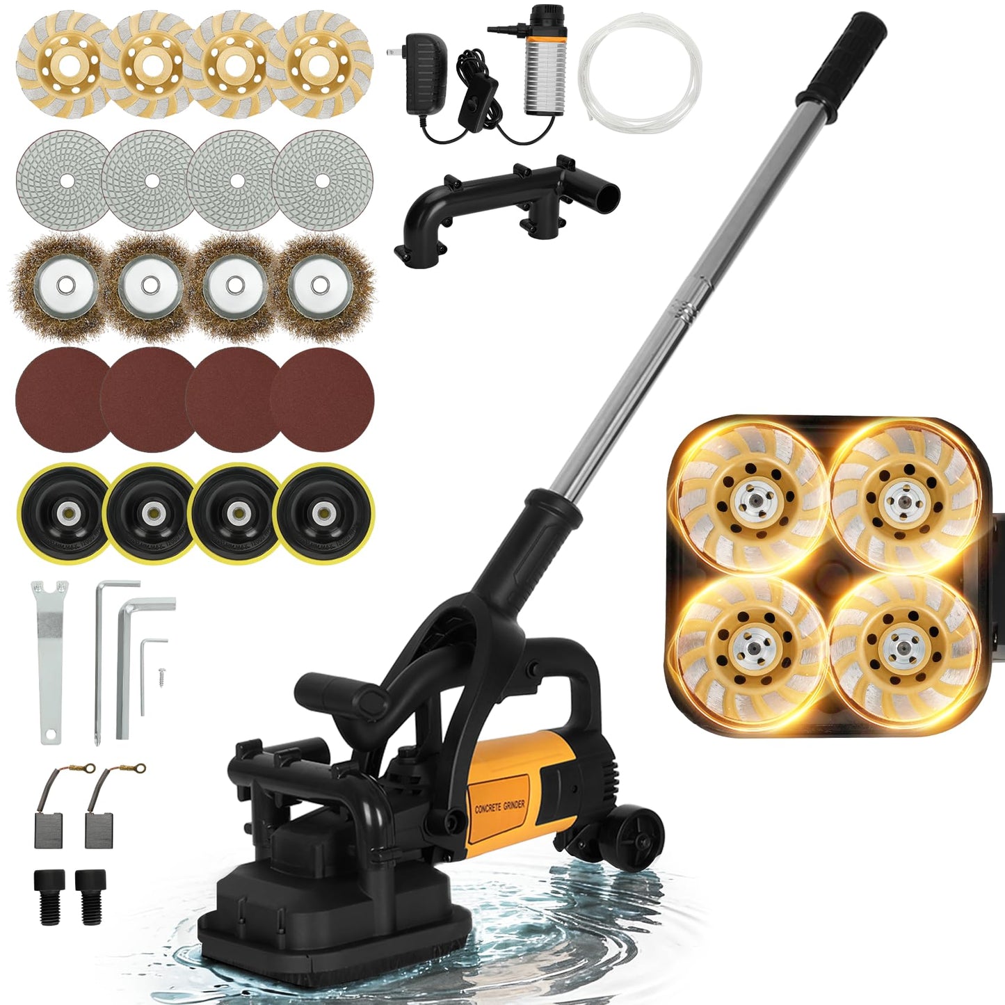 4-Head 3800W Concrete Floor Grinder with Extendable Rod, 6000 RPM 4” Concrete Sander with 6-Speed Control & Dust Collection Cover for Cement Marble Floors Granite & Surfaces