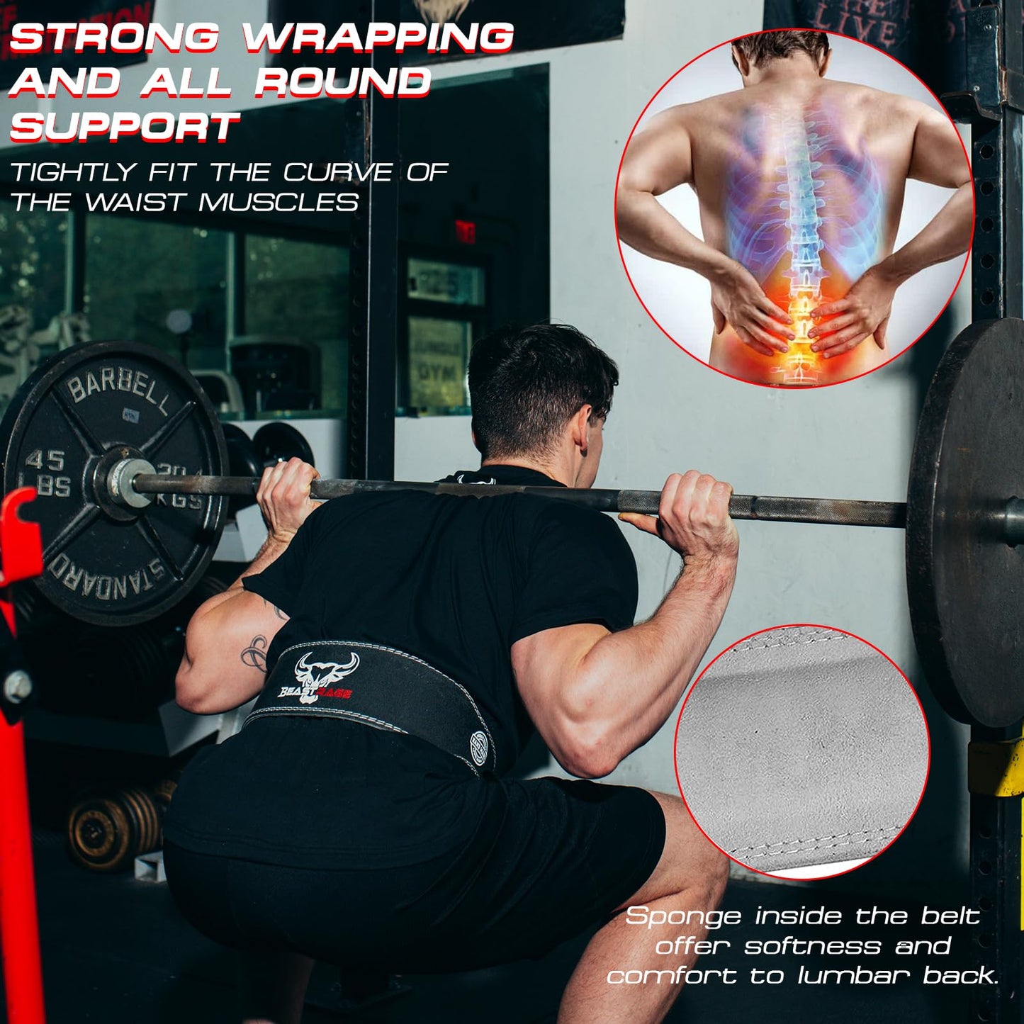 BEAST RAGE Weight Lifting Belt Leather Heavy Duty Gym Body Building Workout Training Weight Lifting Belt Adjustable Holes 4” Padded Lumbar Back Support Exercise Powerlifting Fitness Strength