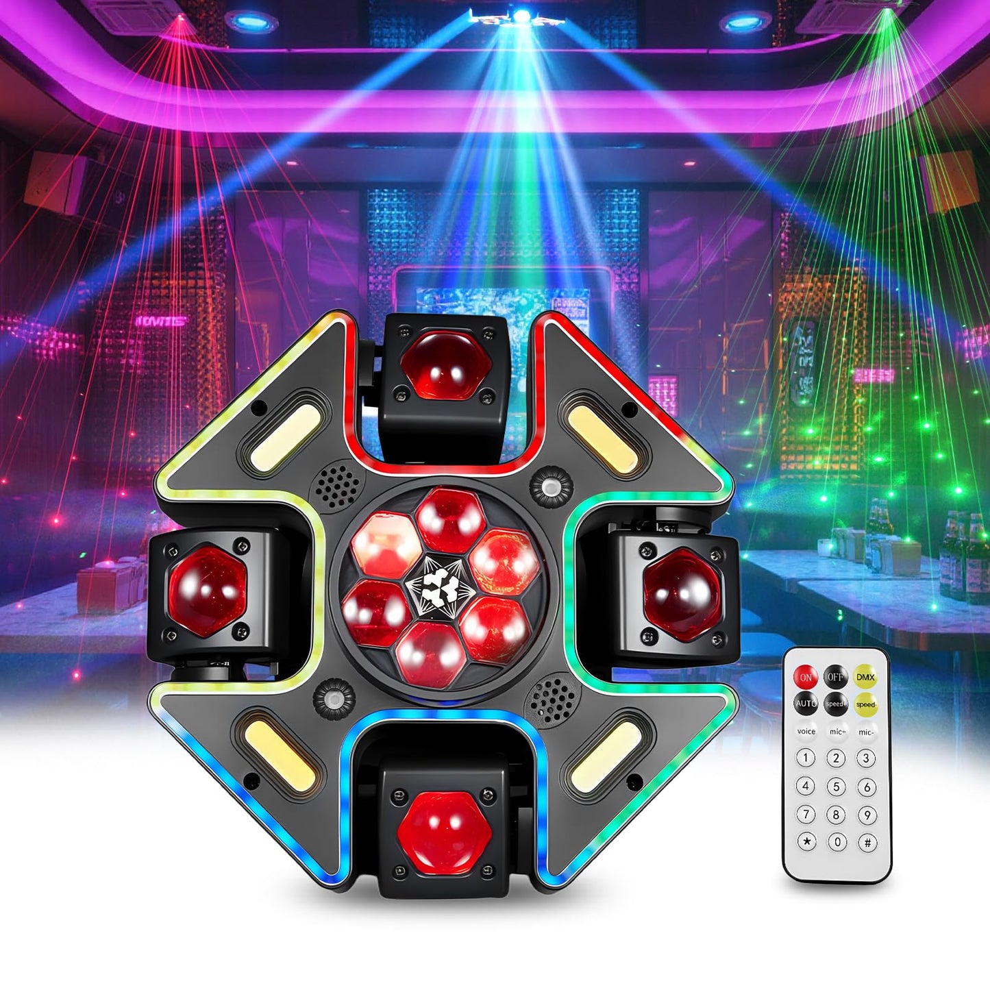 MINGJIE 4 Arm Moving Head DJ Lights, 150W RGBW LED Stage Lighting with Strobe & Bee-Eye Effect, Red/Green Starlight, DMX512,Remote Control,Sound Activated, 540°Rotation for Parties,Clubs,Disco,Bar