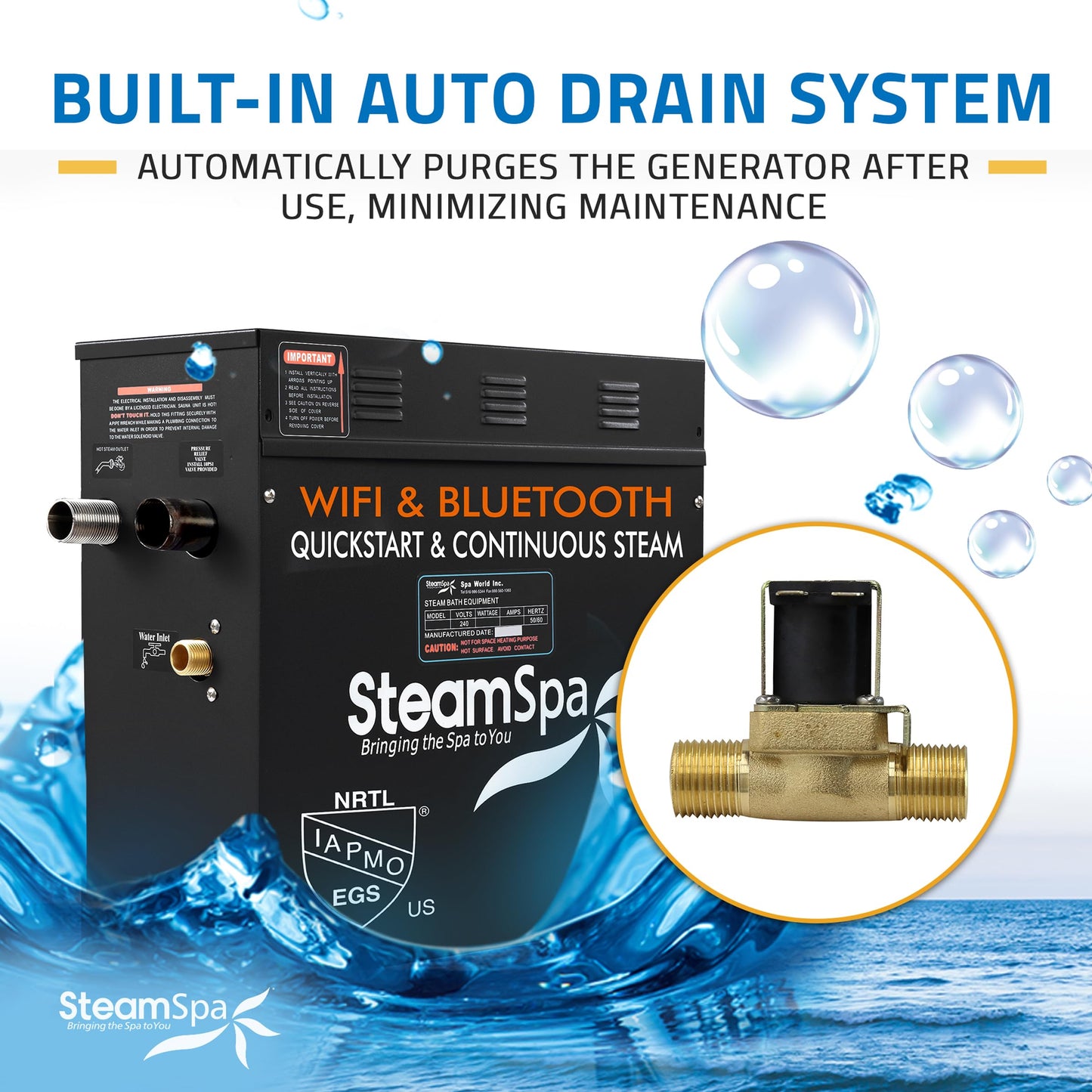 SteamSpa Steam System 12kW Steam Shower Generator with Bluetooth Wifi, Quickstart Continous Steam, Advanced Touch Pad Screen, Chroma Lights, Drain Pan and Auto Drain Black RVBS1200BK-A