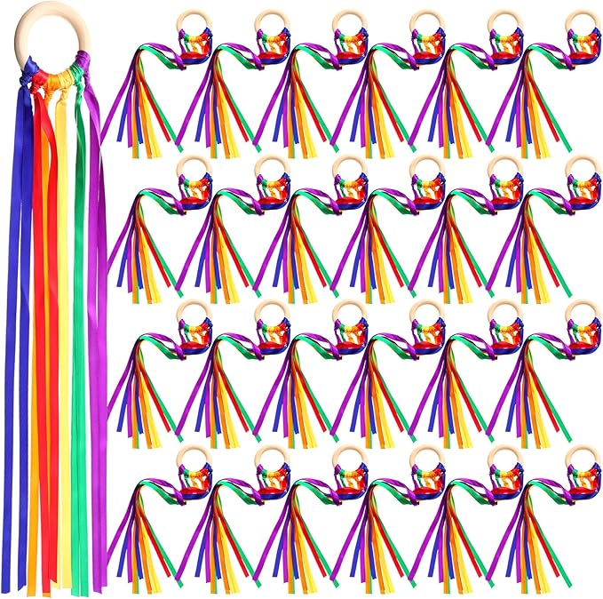 Junkin Ribbon Rings Hand Kite Waldorf Toys Dancing Wrist Ribbons Rainbow Streamers with Wood Ring Sensory Learning Educational Toy for Playroom Dancing Birthday Party Gift(Bright Color,24 Pcs)