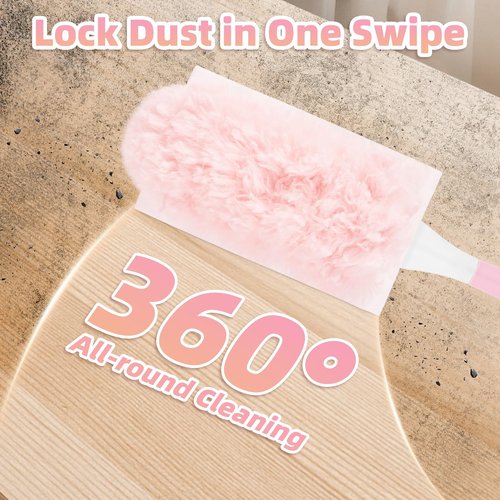Nicemiya 30 Count Pink Duster Refills Compatible with Swiffer Handle, 360° Multi-Surface Duster Refills with 1 Handle, 5X Microfibers Disposable Dusters for Home, Office Cleaning