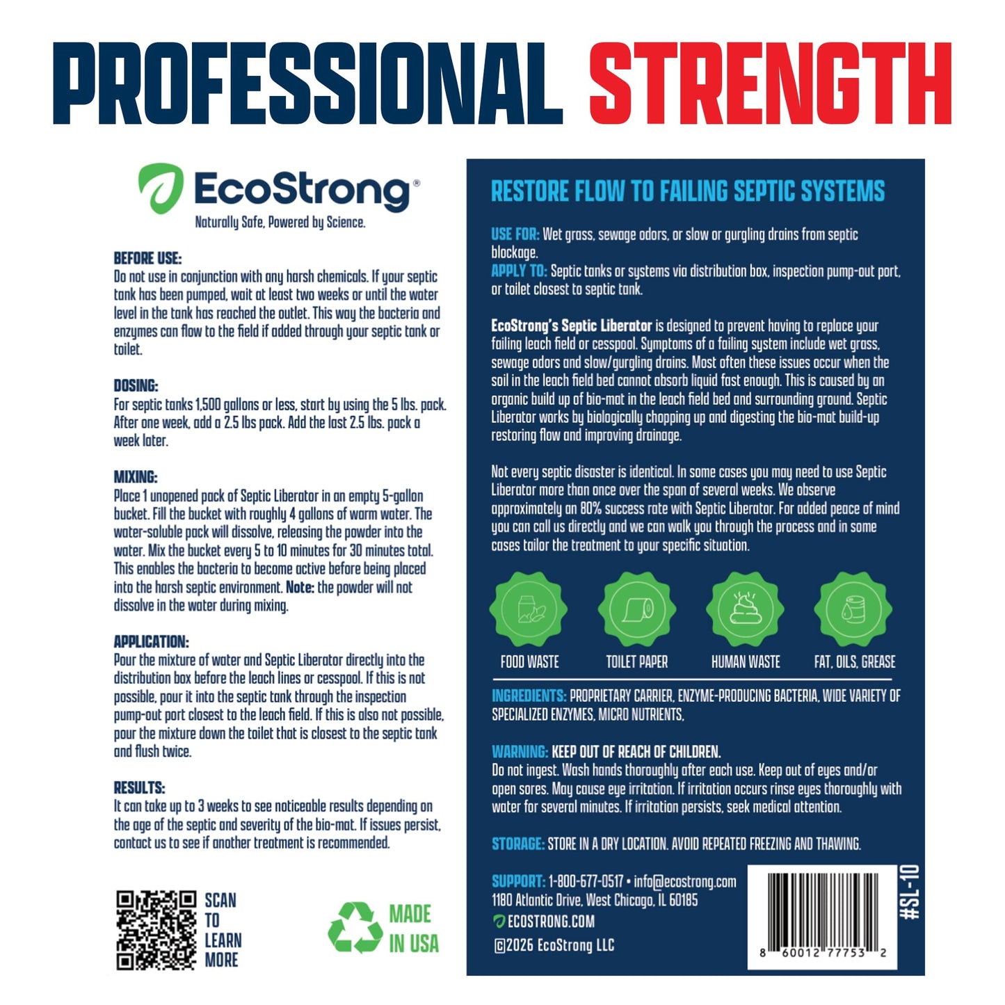 EcoStrong Septic Tank Shock Treatment | Bio Enzyme Septic Safe |Clears Leach & Drain Fields, Dissolves Organic Solids, Grease, Hair - Drain Deodorizer | Contains 3 Dissolvable Packs