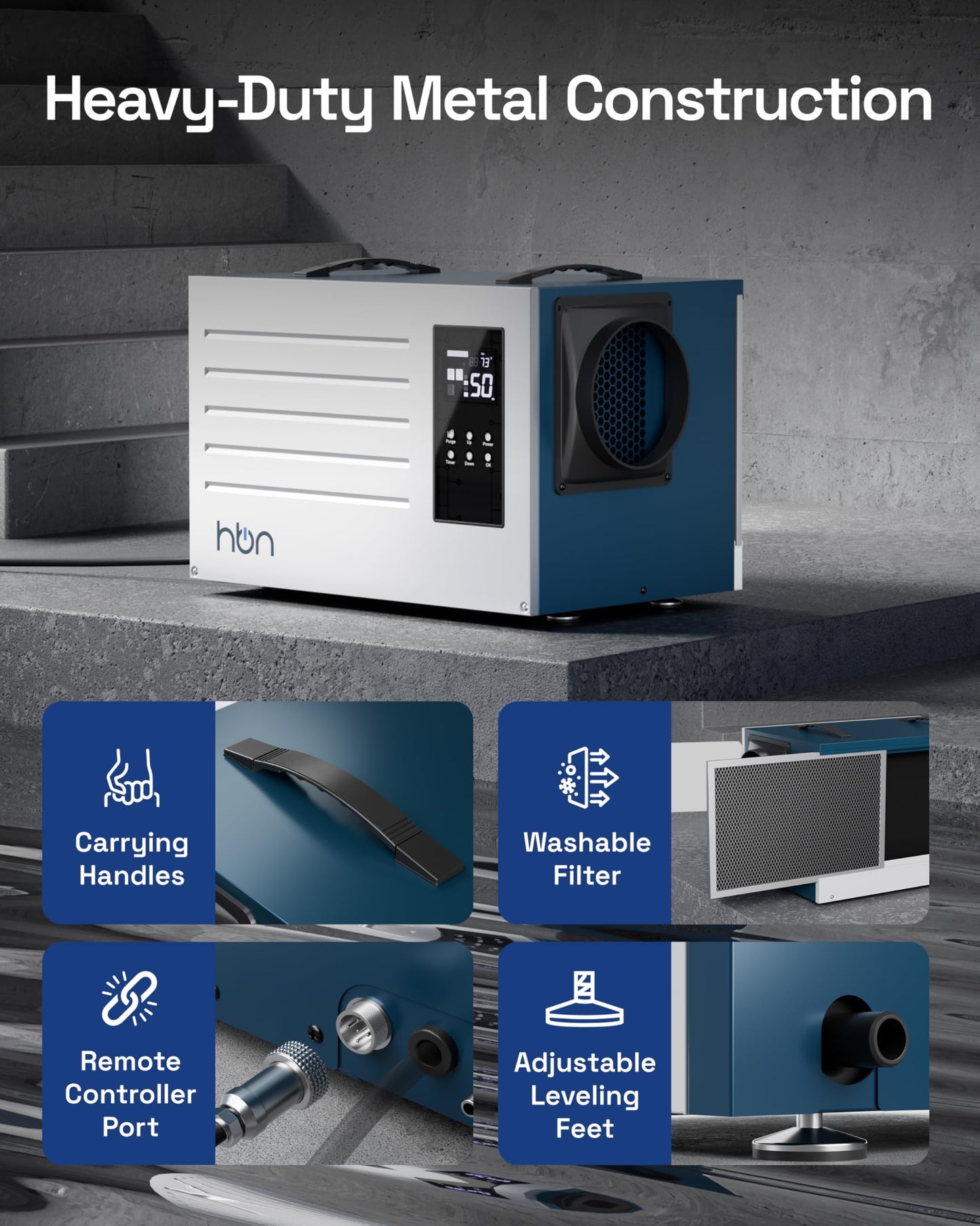 HBN Crawl space Dehumidifier 125 Pints with Pump and Drain Hose, Industrial Dehumidifier for Basement and Commercial up to 5900 Sq. Ft, Large Capacity, Built-in 24-Hour Timer