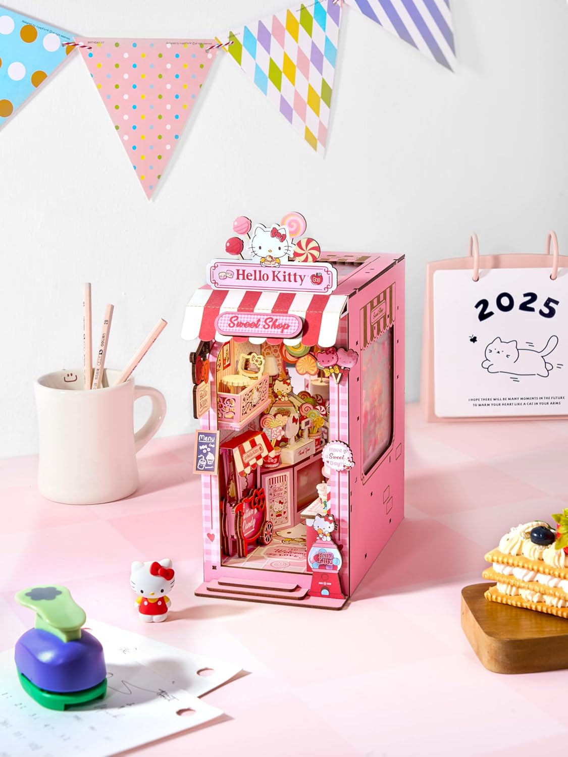 Sanrio Hello Kitty Sweet Shop Book Nook Kit - DIY Miniature Shelf Insert with Touch LED | 149-Piece 3D Puzzle for Kawaii Decor