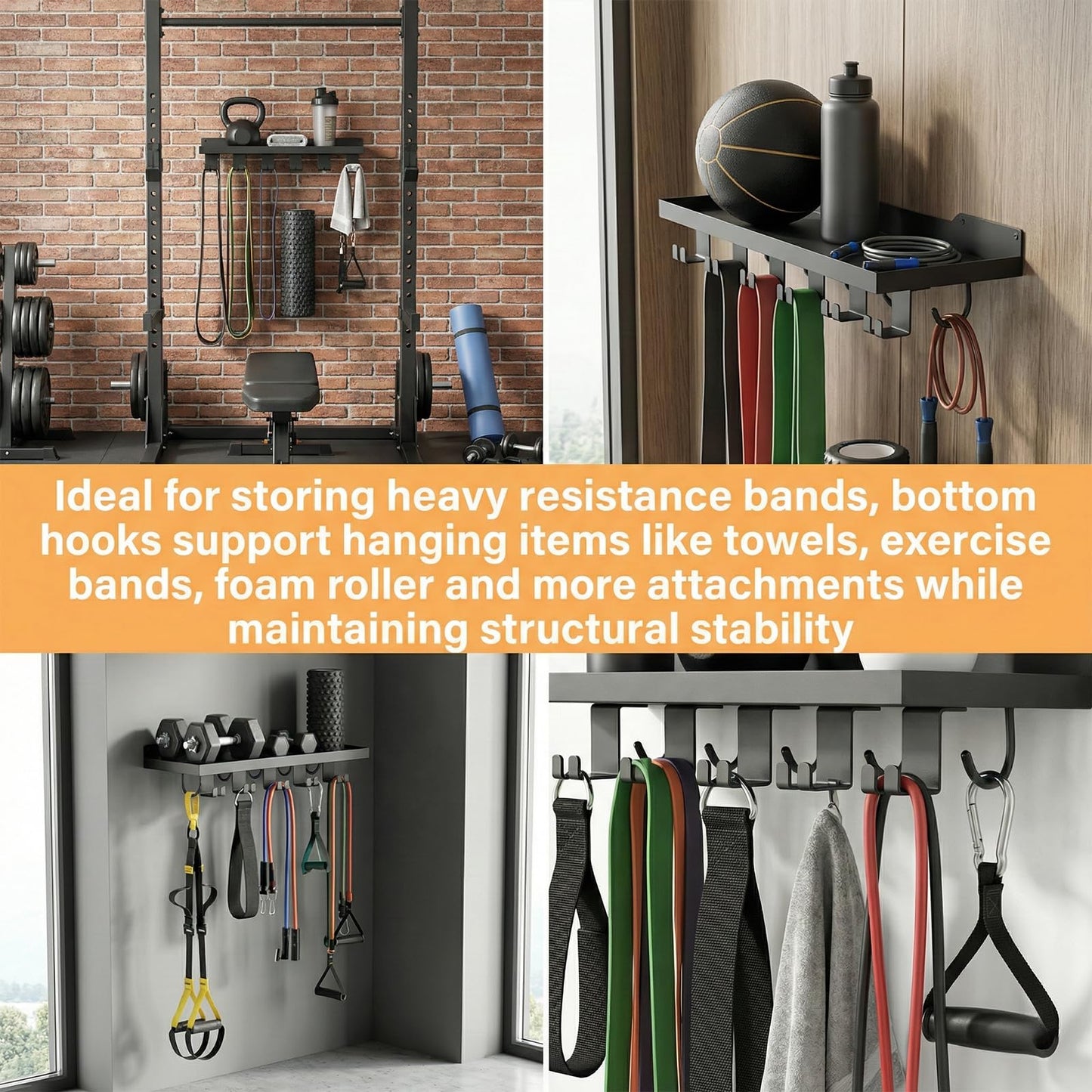 SSNEWOG Floating Shelf Organizer Compatible with Tonal Accessories,16.9x6Home Gym Weight wall Storage Equipment Hanger, Metal Rack Holder Wall Mount with 5 T-Lock Brackets & Hooks Hanger (Black)