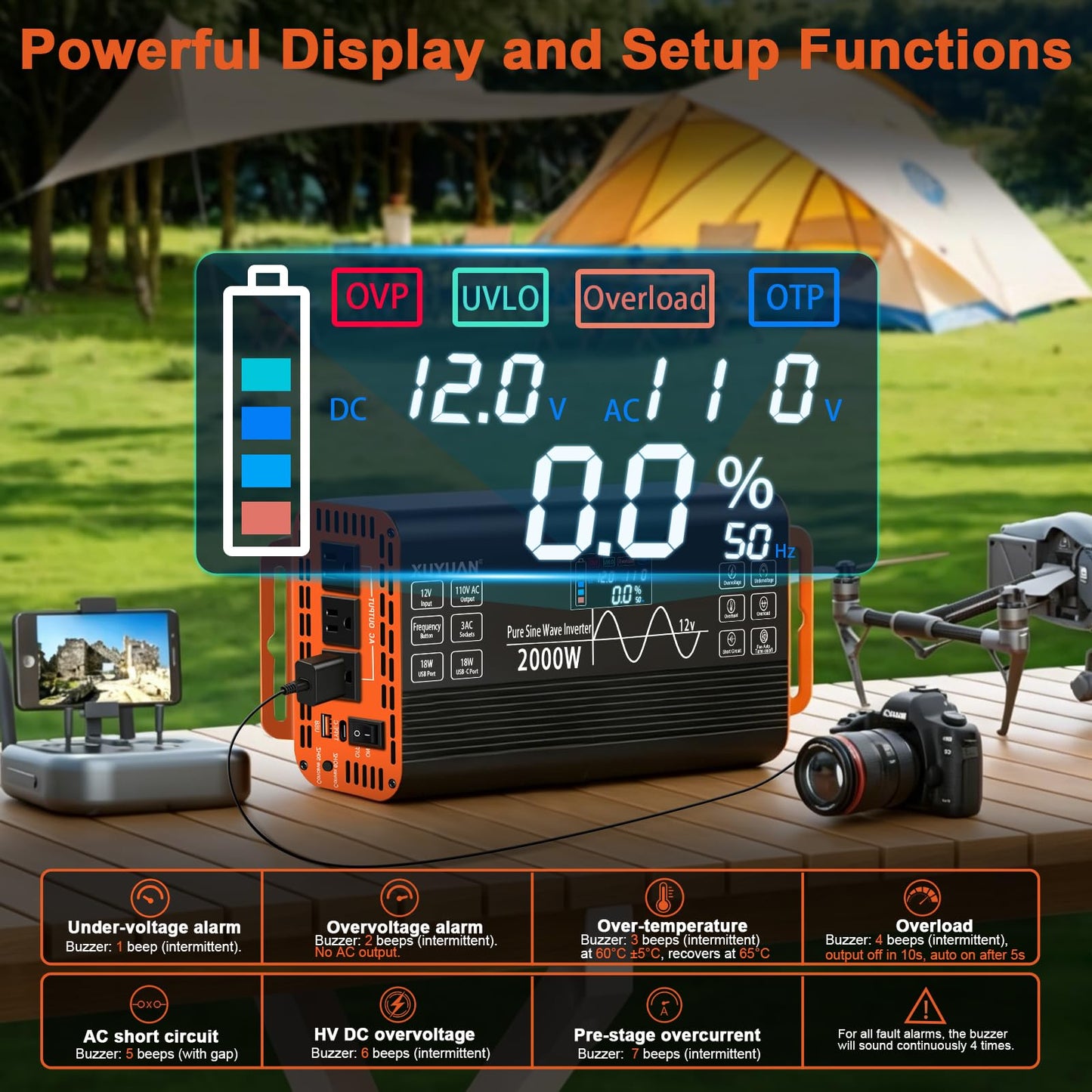 2000 Watt Pure Sine Wave Inverter,12V DC to 110V AC Power Inverter with 3 AC Outlets & 2 USB Ports, for Home Emergency, Solar System, Off-Grid Cabin