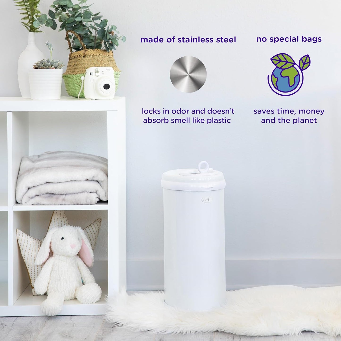 Ubbi Stainless Steel Diaper Pail - Odor Locking Design, No Special Bags Needed | Fig Blossom Color