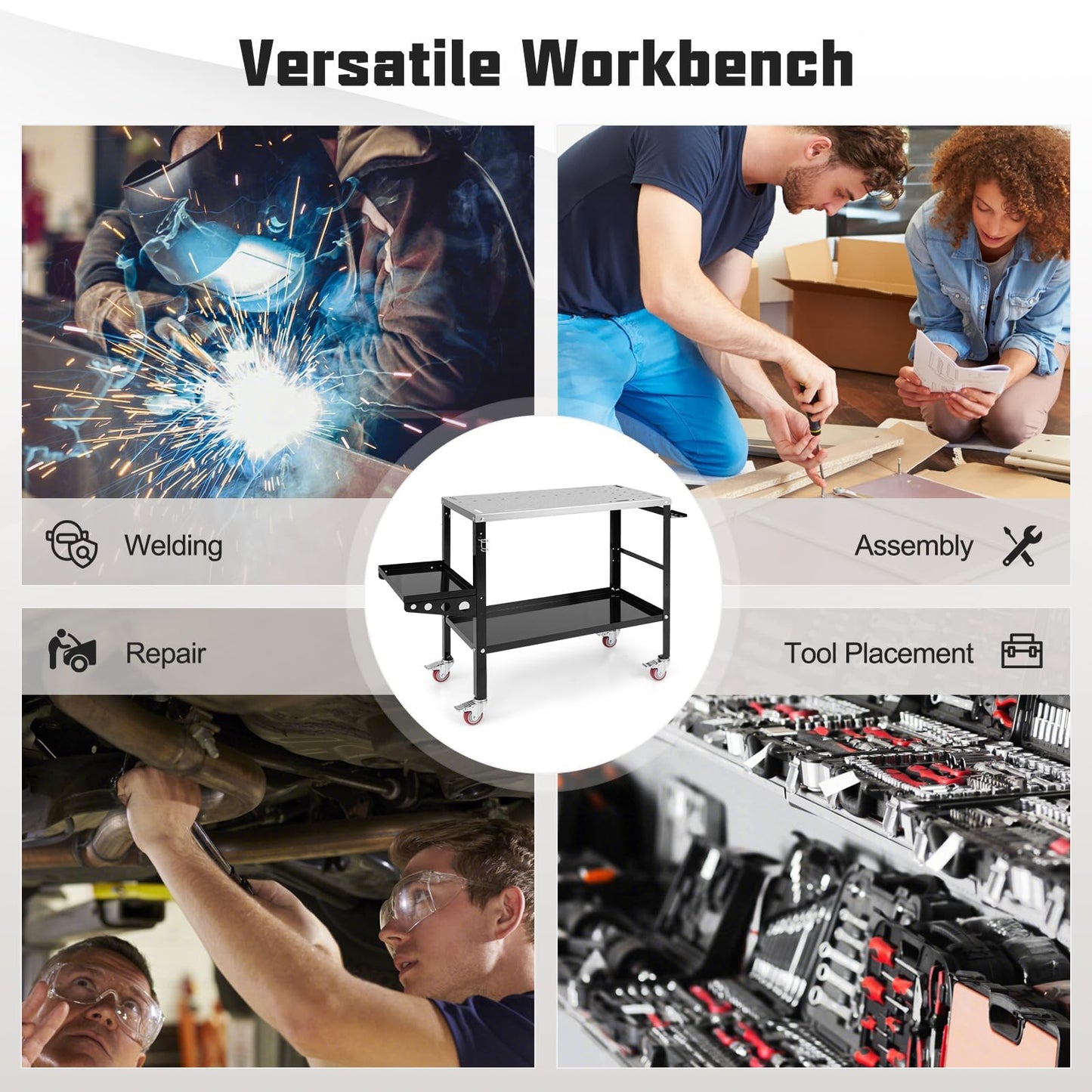ERGOMASTER Welding Table 36'' x 18'',1200LBS Steel Weld Workbench with Wheels, 8 Tool Slots and 5/8" Fixture Holes for Welder Garage & Workshop