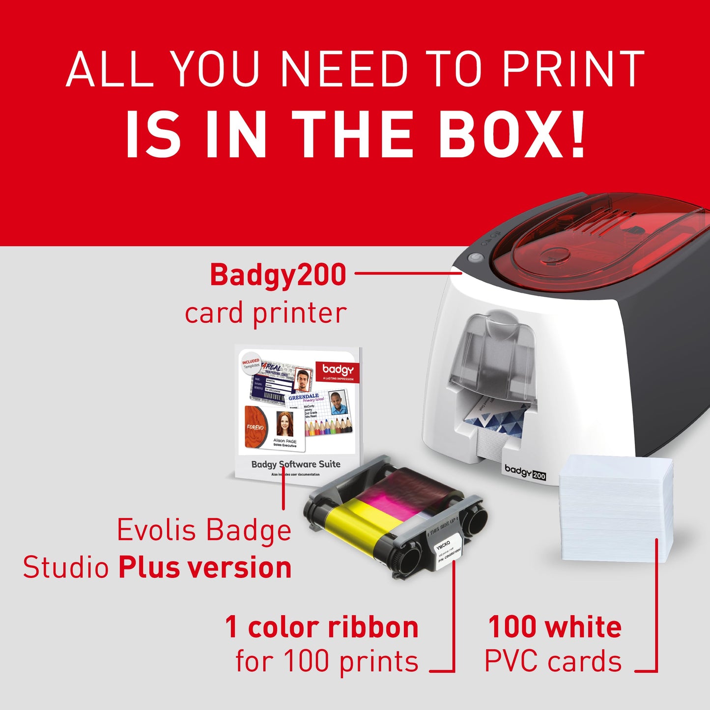 Badgy200 Plastic Card Printer with Badge Studio+ ID design software for full color, custom, tamper proof ID badges in seconds