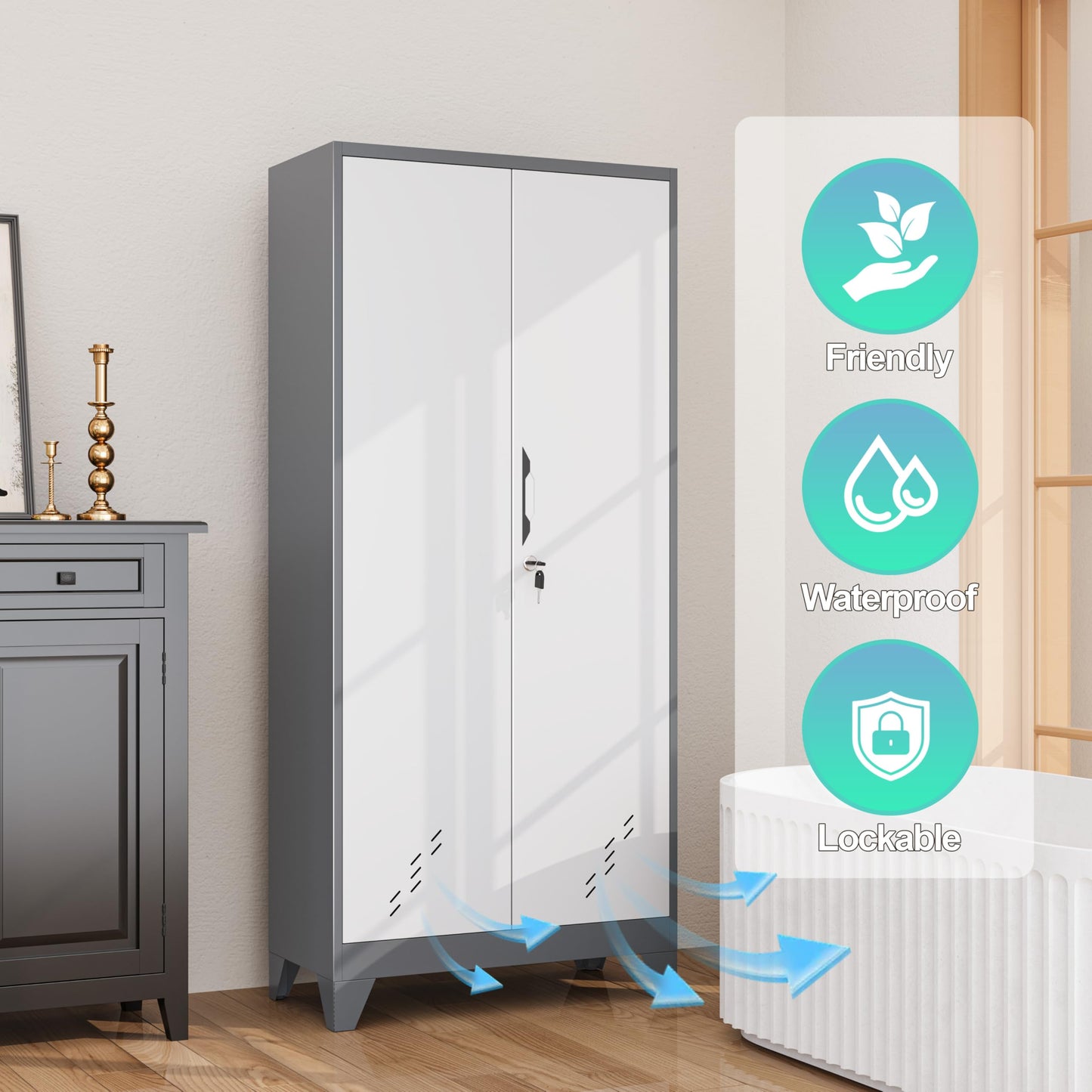 OSKEBABO Broom Closet Storage Cabinet, Garage Storage Cabinet with Pegboard & Hanging Rod, 61" H Metal Utility Cabinet with Lockable Doors for Garage, Laundry Room, Home Office, Gray and White