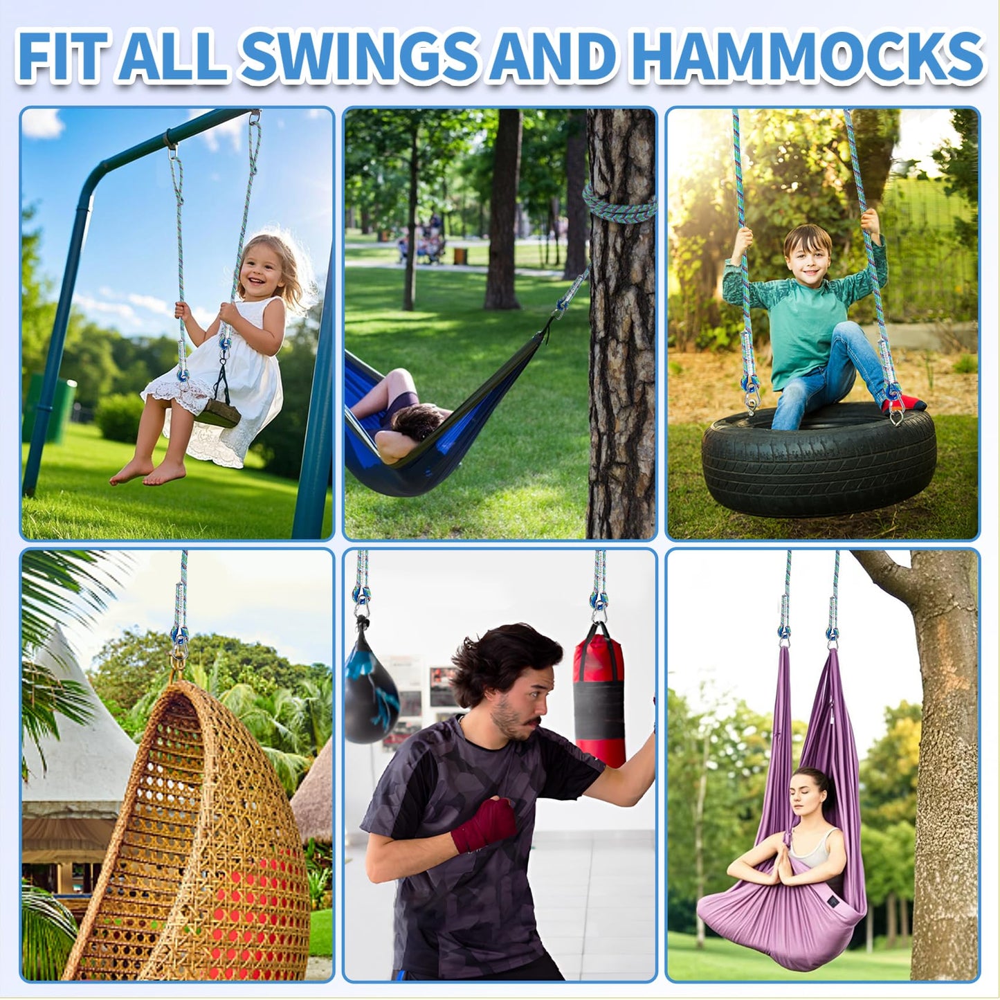 Werfeito Tree Swing Ropes (Set of 2), 3FT/5FT/10FT/15FT/20FT, Tree Swing Straps Hanging Kit Holds 4400 lbs, Heavy Duty Carabiners for All Swing Hammock Playground Set Accessories (20 FT)