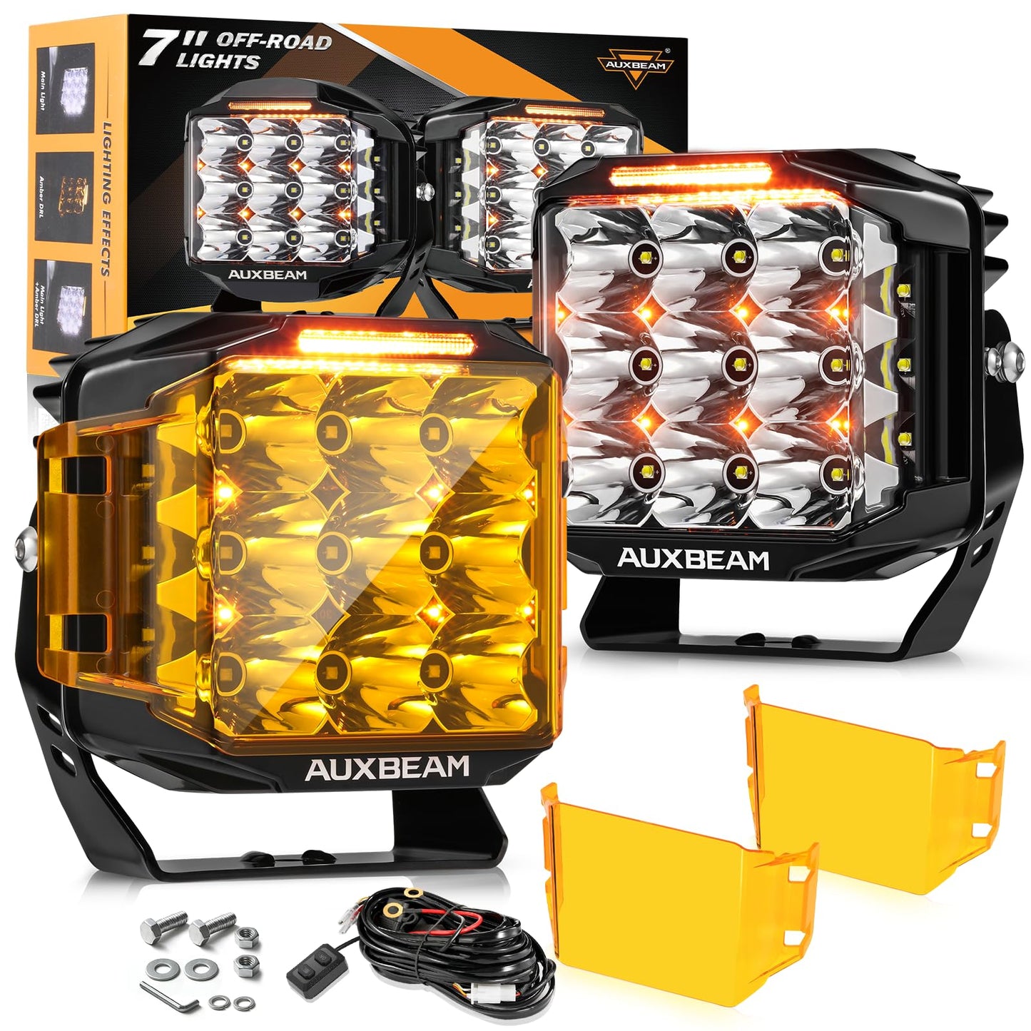 Auxbeam 7" Off-Road Lights with 270° Side Shooter, V Max Series Pod Lights with DRL & Back Light, 228W 26100LM Spot Flood Combo Ditch Lights, Cube LED Driving Light for Jeep ATV UTV, Pair
