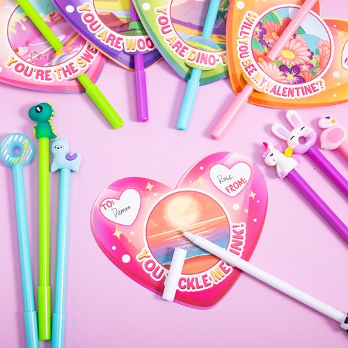 JOYIN 28 Packs Valentine Animal Pen with Greeting Cards, Stationery Gift Set for Kids, Classroom Exchange Prizes