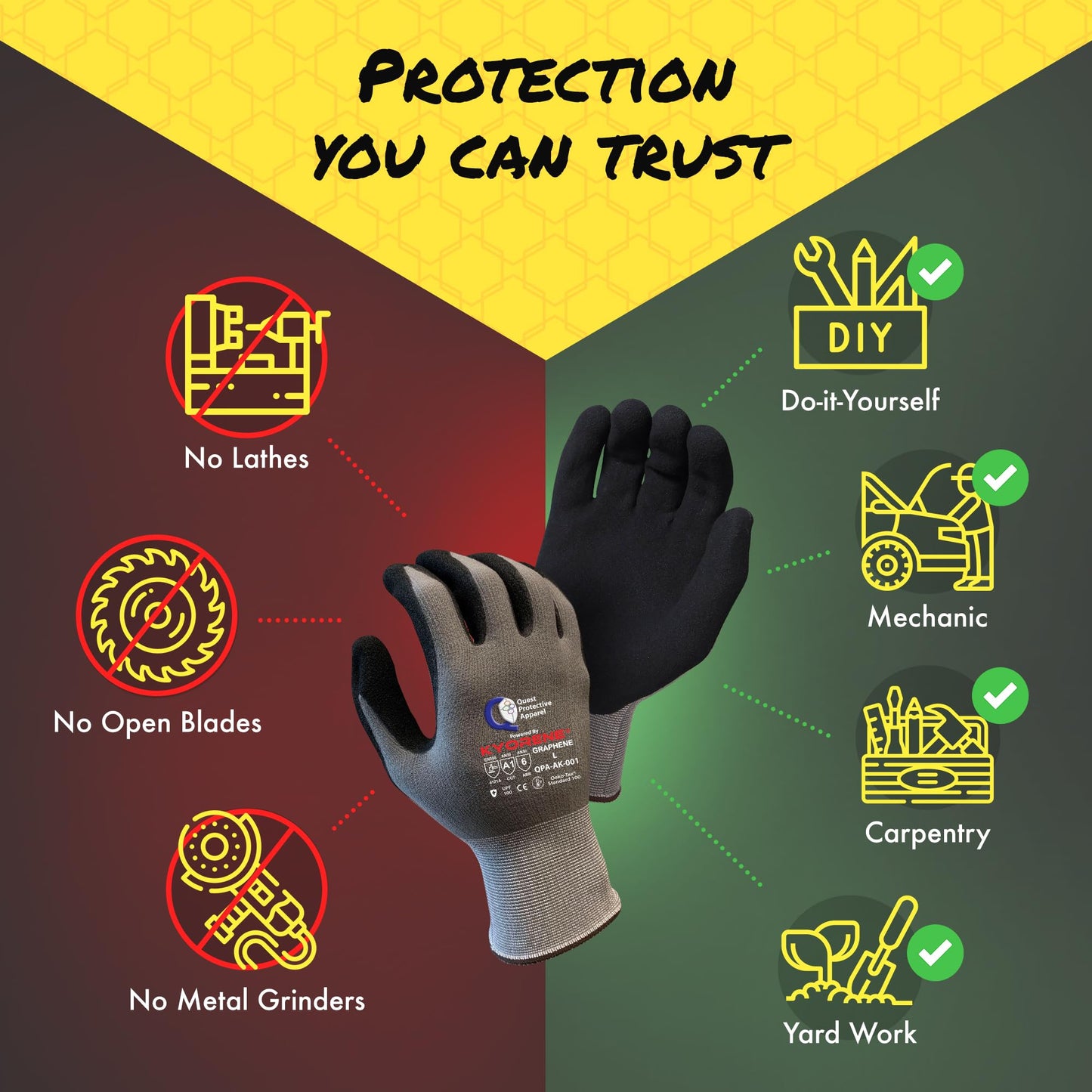 Quest Protective Apparel Cut Resistant Work Gloves (ANSI A1) – Lightweight Graphene Gloves for Gardening,DIY, Mechanical & General Handling – Breathable Grip Gloves for Men & Women – Large, Case of 72