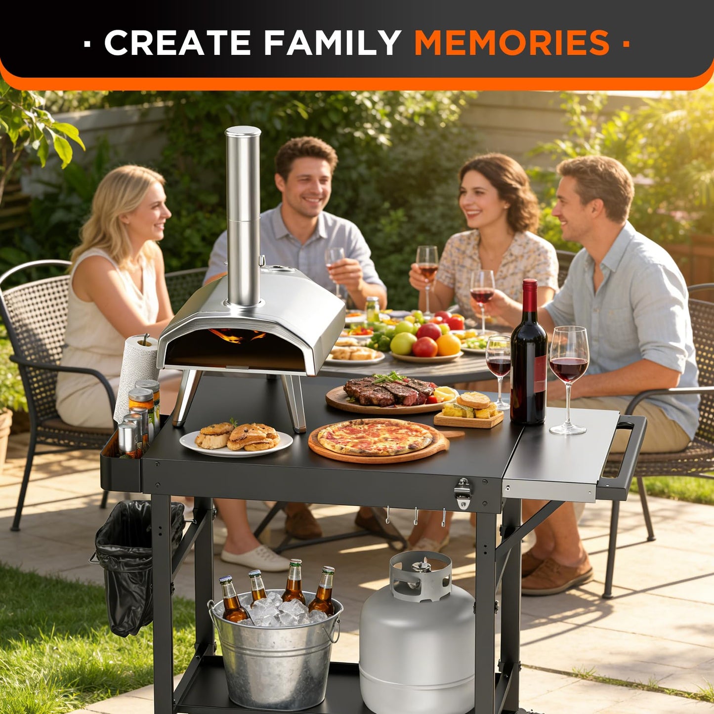 EUTRKei Pizza Oven Table with Topping Station - 45" x 29" Outdoor Grill Cart for Ooni, Ninja, Gozney, Solo Stove, Heavy Duty 450lbs Capacity, Grill Table with Extendable Desk for Tailgating Backyard
