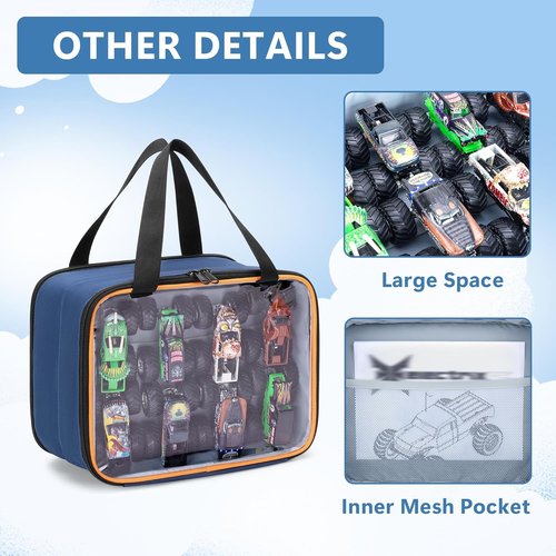 LUXJA Double Layer Storage Bag - PVC Carrying Case for Hot Wheels Monster Trucks | Holds 14 Toy Cars, Blue