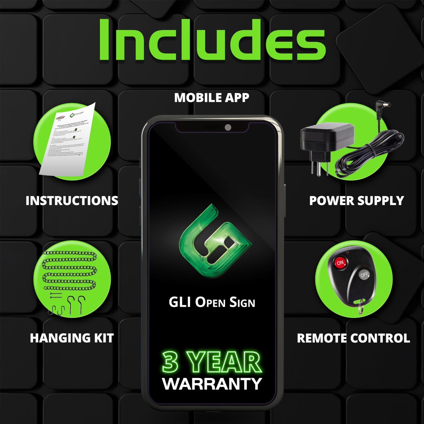 Green Light Innovations Super‑Bright LED Open Sign 15×32 in – Programmable with 64 Color Combos via App or Remote – Static, Scroll, Flash & Phase Modes – Daylight Visible Electric Sign