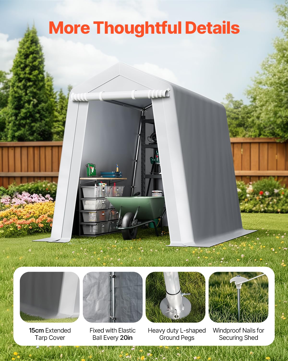 VEVOR 6x8x7 FT Heavy-Duty Portable Outdoor Storage Shed Tent, Waterproof Carport Garage Shelter with Roll-Up Zipper Door & Vents, UV-Resistant Canopy for Motorcycle, Bike, Lawn Mower, Tools, Gray