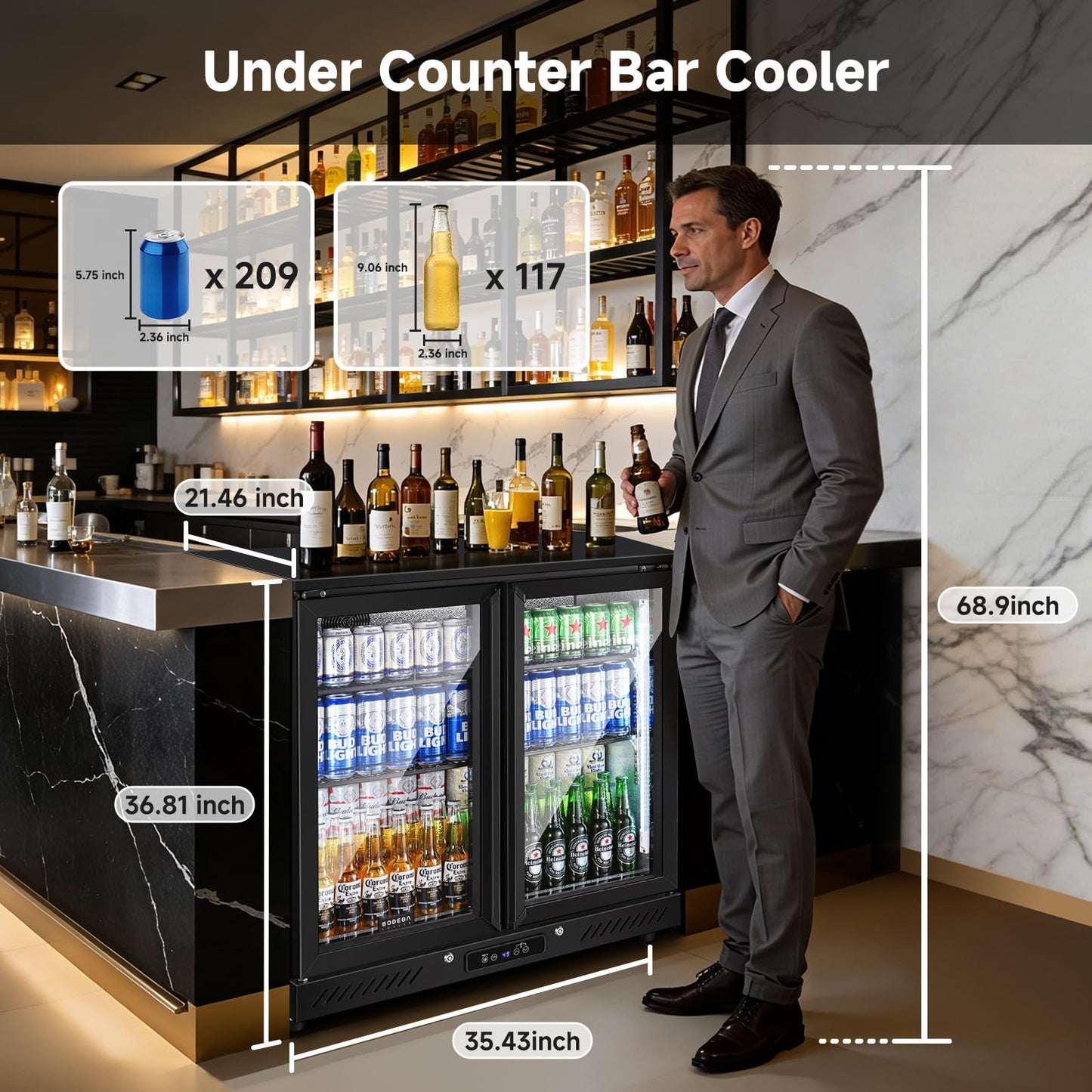 BODEGACOOLER 2 Door Back Bar Cooler, 7.4 Cu.Ft Commercial Beverage Refrigerator, Under Counter Drink Fridge with Glass Doors, Holds 209 Cans/117 Bottles, LED Lighting, Stainless Steel Top & Casters