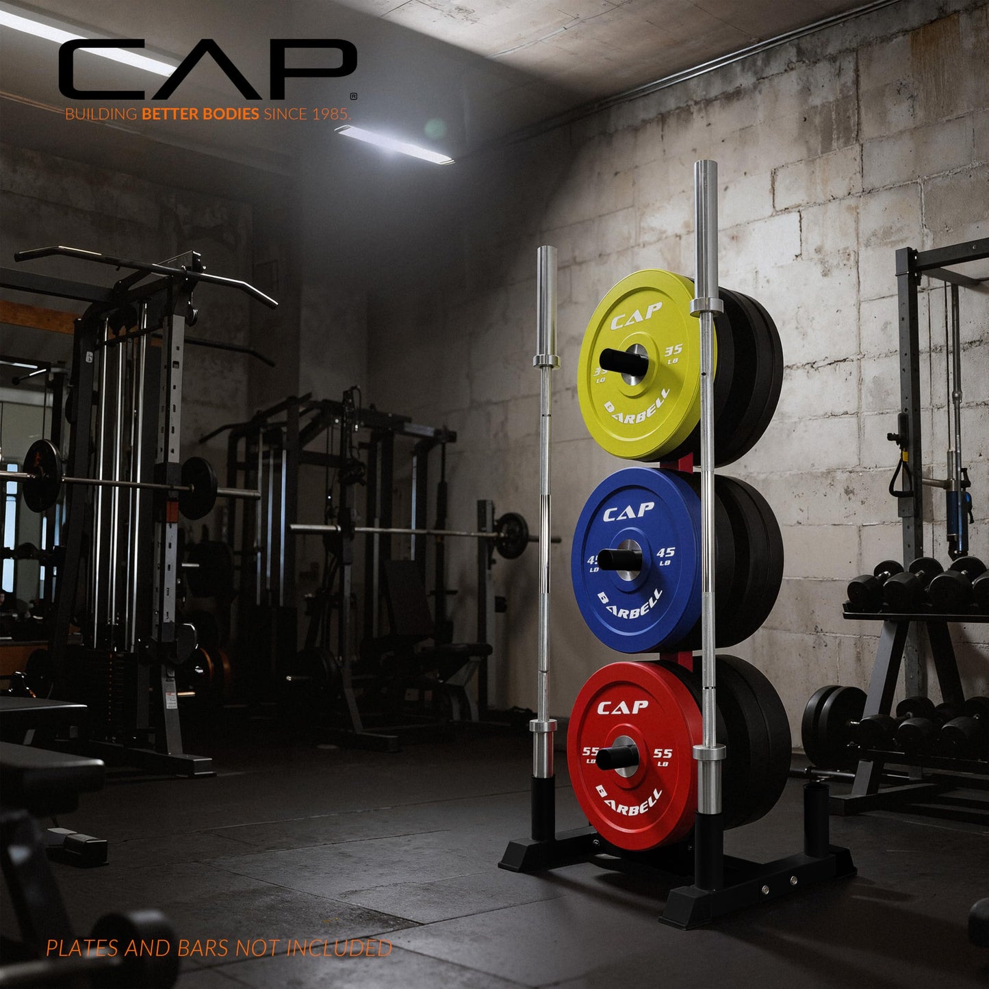 CAP Barbell Olympic Bumper Plate Tree Rack with 6 Weight Plate Posts and 4 Barbell Storage Holders – Heavy-Duty Steel Gym Organizer for Olympic Plates and Bars - Black/Red