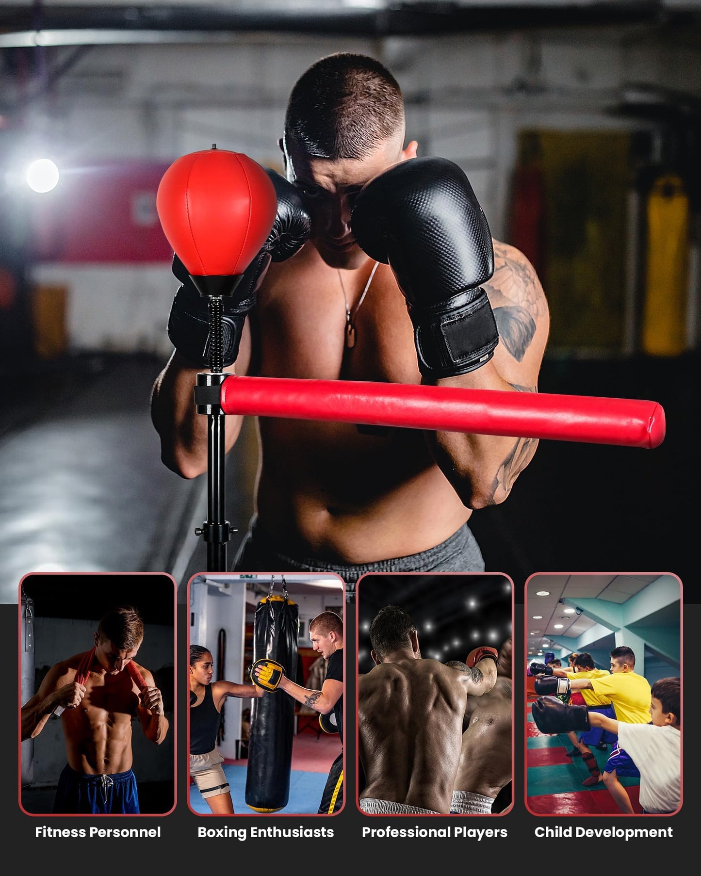 Reflex Ball & 360°Rotating Rod Boxing Bar Training Kit - Punching Bag Spinning Bar, Free Standing Design Adjustable Height for Adults（Red