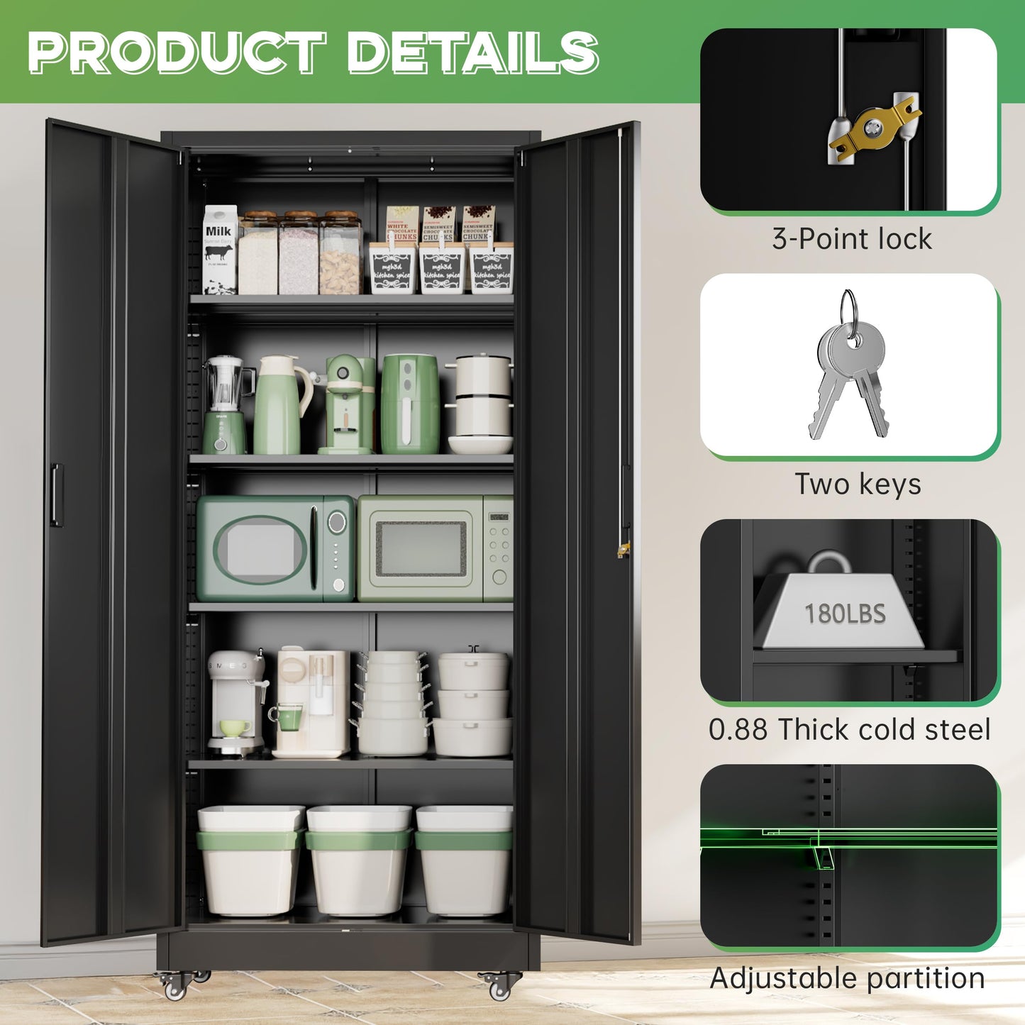 INTERGREAT 73" H Metal Storage Cabinet with Wheels, Locking Doors and Adjustable Shelves, Black Rolling Steel Tool Cabinet for Home Office, Garage, Warehouse