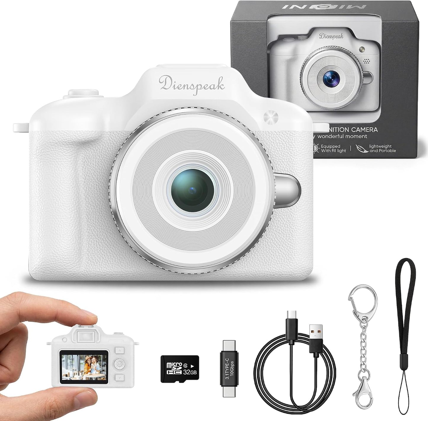 Dienspeak 32GB 1080P Tiny Digital Camera, Vintage Mini Keychain Camera for Teens & Beginners, Cute Portable Small