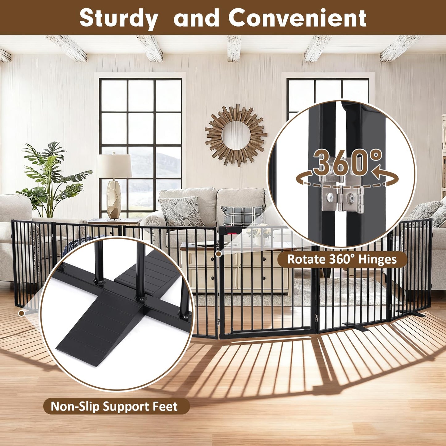 Furggis 156" Extra Wide Dog Gate, Heavy Duty Metal Freestanding Dog Gate with Door for Indoor & Outdoor, Foldable Pet Fence for Doorways,House,Porch,Deck,Yard,Stairs, Auto Close(6 Panels,Black)