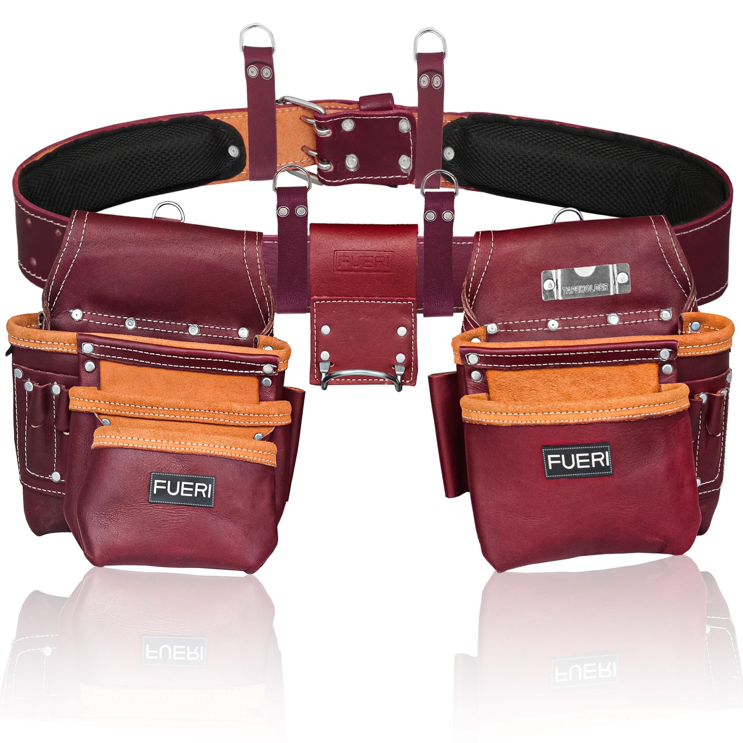 FUERI Full Grain Leather tool belts for men, Heavy-duty Carpenter Tool Rig organizer with 17 Pockets pouches, hammer holder, 4-Suspender loops, and a foam-padded belt for Framers, and Electricians