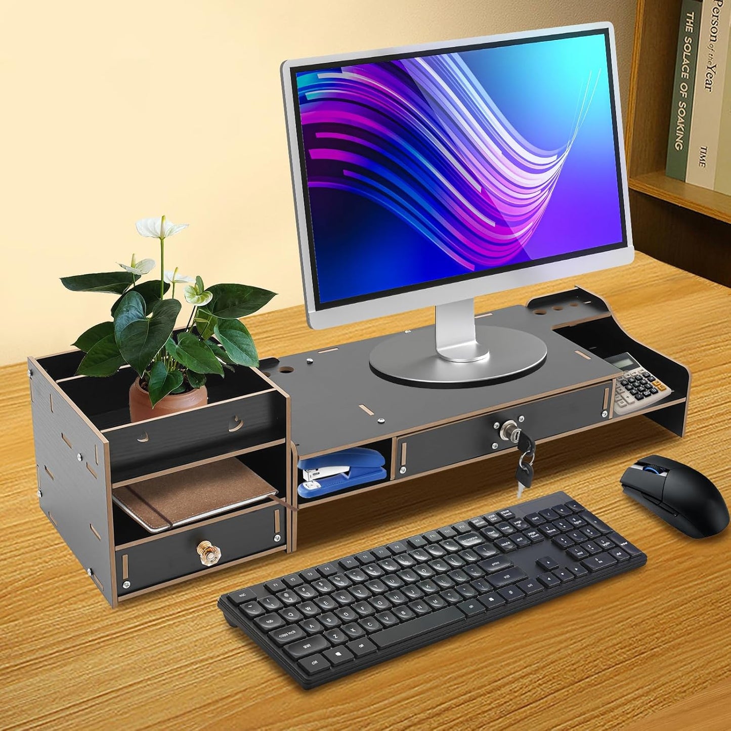 QUSKLISU (06) Computer Monitor Stand, Computer Rack with Drawers, Two top Platforms Desk Organizer Monitor Stand