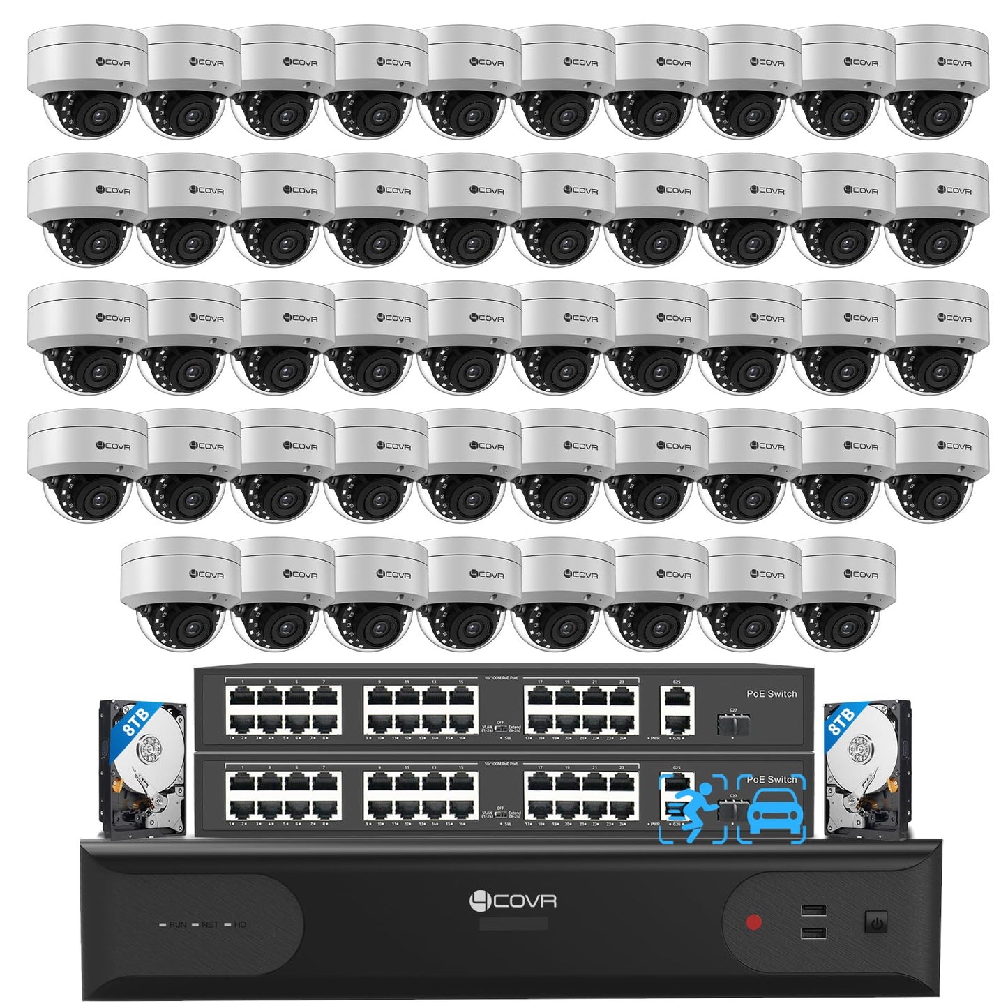 4COVR 64 Channel Security Camera System, Human Vehicle Detection, 48Pcs IK10 Vandal-Proof 8MP Commercial Dome PoE IP Camera IP67 with Mic, 8MP NVR 16TB HDD, 24/7 Business Surveillance, LY54AX8M6448