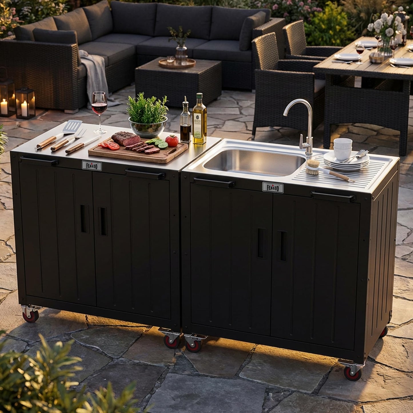 Feasto Outdoor Kitchen Island with Stainless Steel Sink and Storage Cabinet, 35-Inch BBQ Prep Station with Faucet & Lockable Wheels for Patio, Backyard, and Outdoor Cooking, Black & Silver