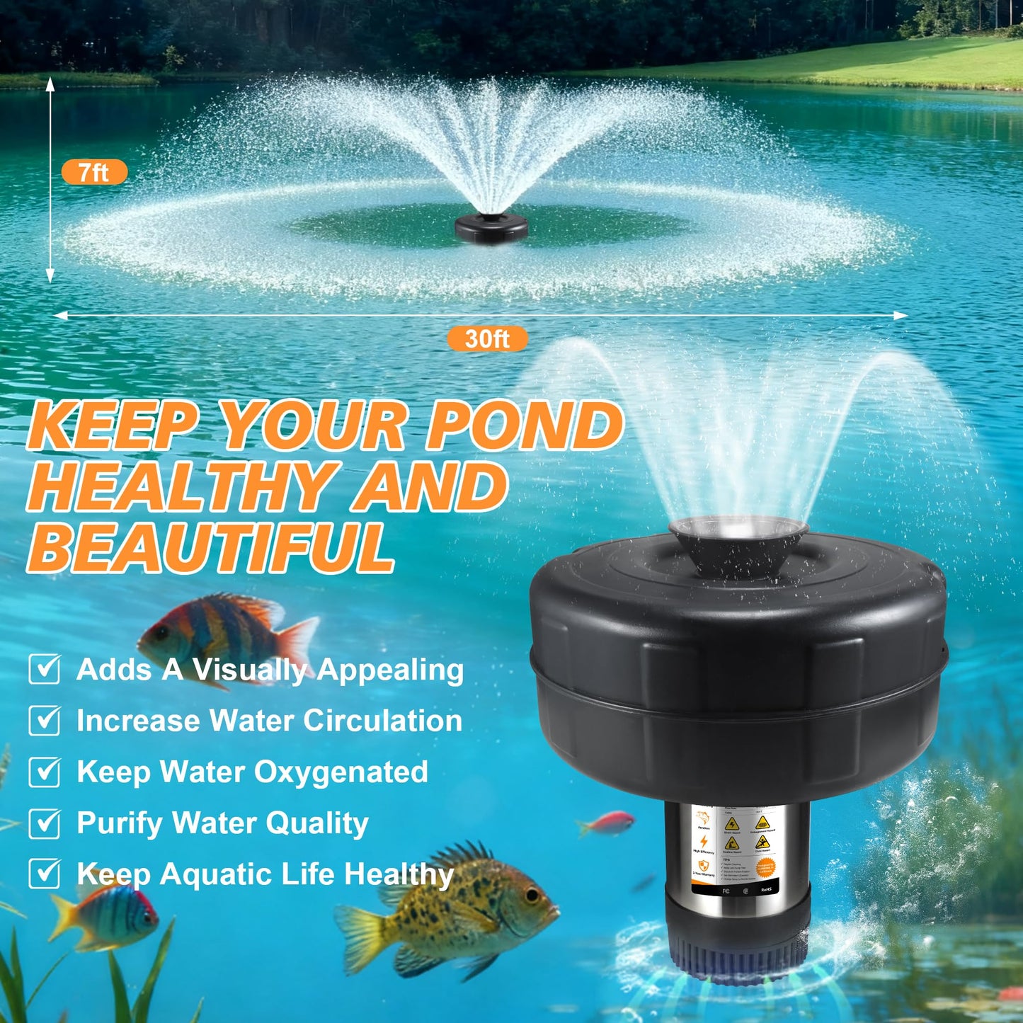 HUNKING Pond Fountain Aerator, 1HP 16000 GPH 750W 110V/120V Stainless Steel Floating Fountain Pump with 100ft Power Cord & Rope & Timer for Small Large Outdoor Ponds & Lakes
