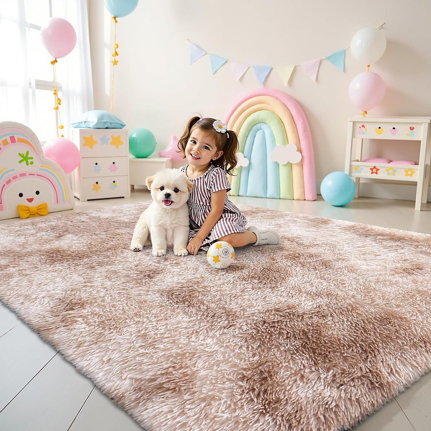 OLANLY Area Rug - Soft Fluffy Shaggy Carpet for Living Room & Bedroom | Machine Washable 4x5.9 Feet - Beige Tie-Dye