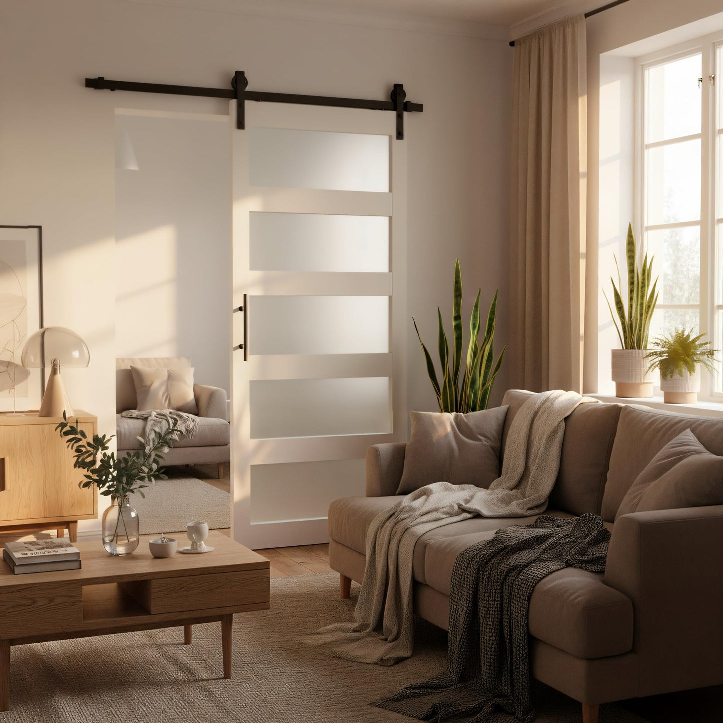 Sliding Barn Door, 36" x 84" 5-Lite Frosted Glass Door with 6FT Hardware Kit Included & Handle,Solid Wood Covered with Waterproof PVC Surface,Easy Install for Bathroom Kitchen