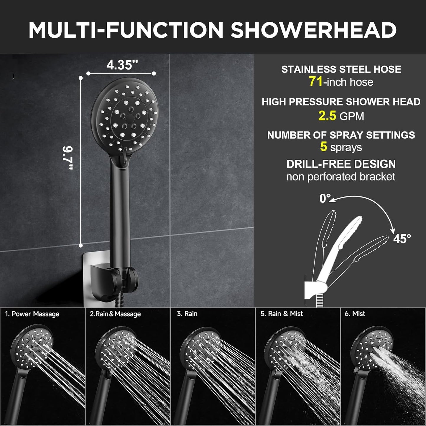 Veken Rain Shower Head - High Pressure Handheld Shower with Multi Spray Modes | 11.8" Matte Black