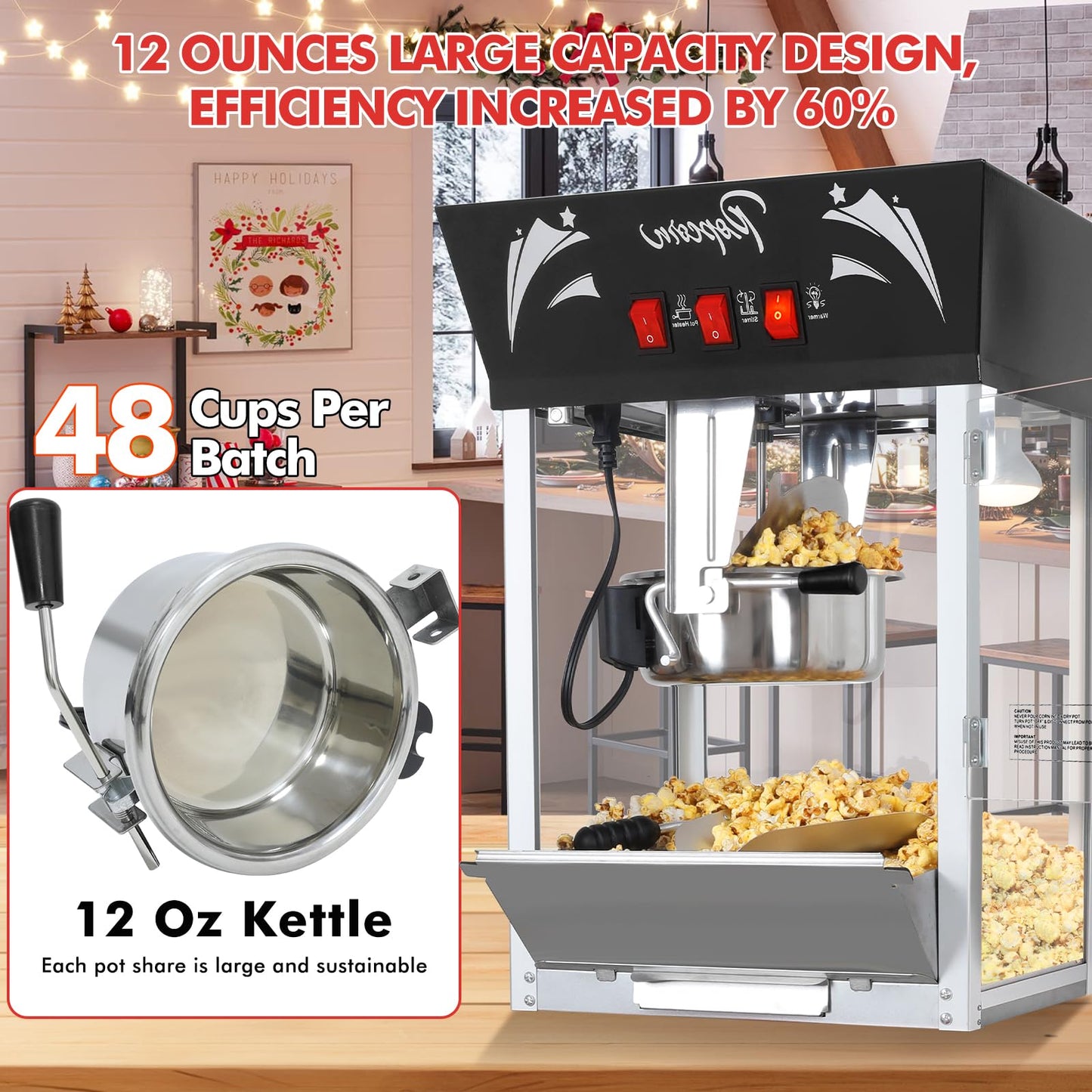 Popcorn Maker Machine,12 Ounce Kettle Stainless Steel Commercial Popcorn Machine with Tempered Glass,Warming Deck, 900W Countertop Popcorn Popper for Parties (Black, 12 Ounce)