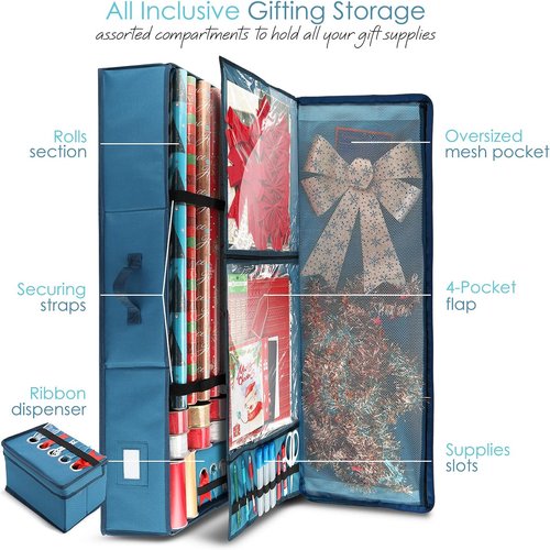 Hearth & Harbor Wrapping Paper Storage Container - Christmas Gift Wrap Organizer with Ribbon Dispenser | Holds 26 Rolls, Blue