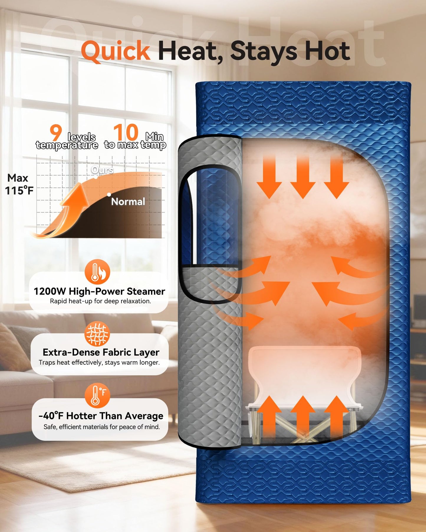 noerishia Portable Sauna for Home with 3L 1200W Steamer, Big Folding Chair, 99 Mins Timer, 9 Levels, Pernoanl Steam Sauna Tent Dual YKK Zippers for Home Spa Detoxification, 32' x32' x 71', Blue