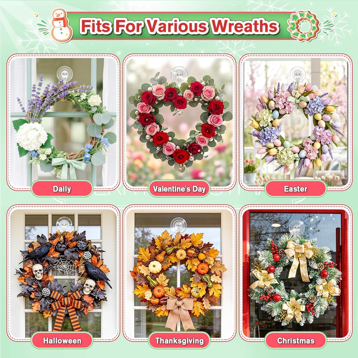 VIS'V Wreath Hanger - Heavy Duty Suction Cup Hooks | 22 LB Capacity, Clear, 2 Pack, Removable & Reusable