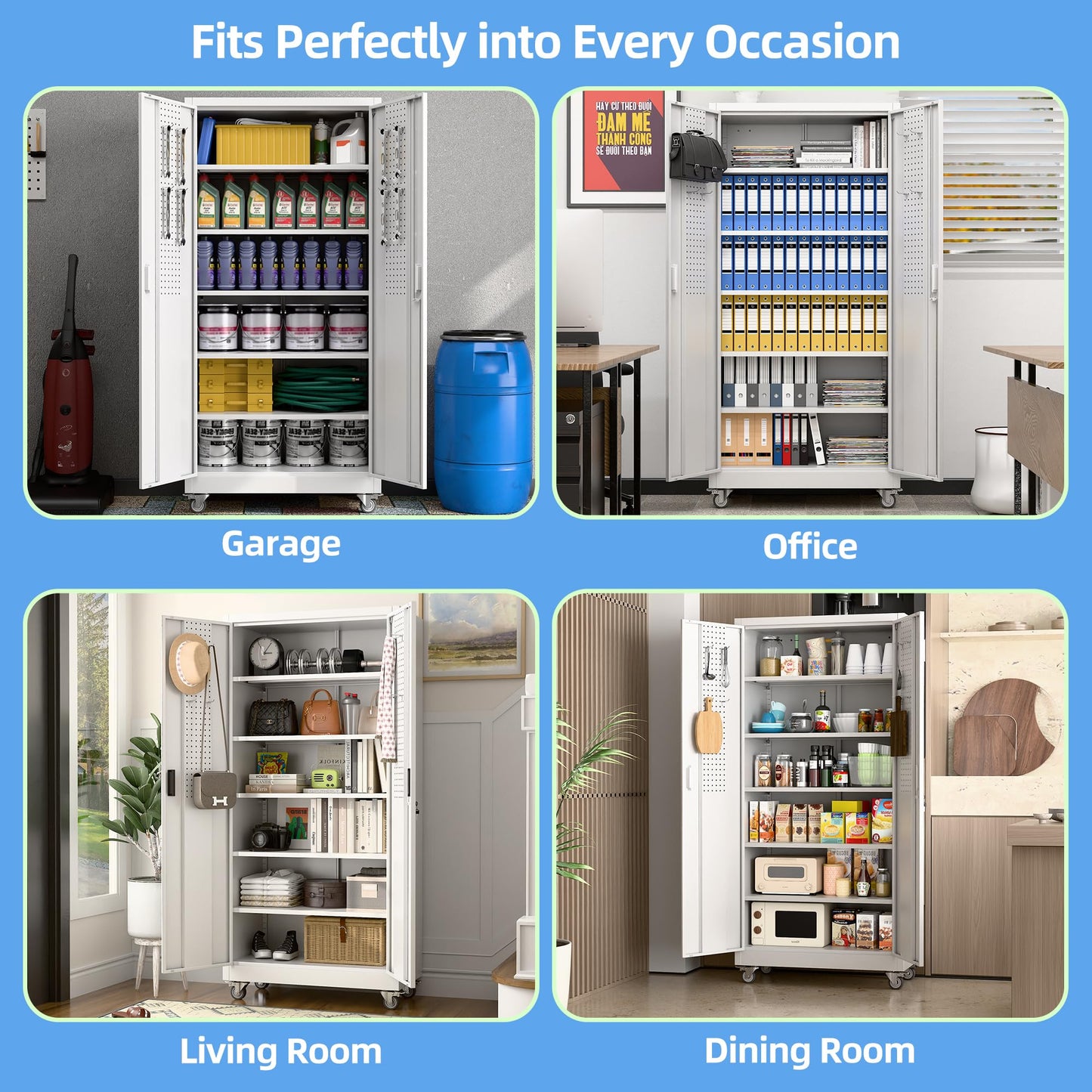 Aobabo Upgraded Garage Storage Cabinets with Wheels,Metal Storage Cabinets with 5 Adjustable Shelves for Garage Home Office Storage,White,71''H*34''W*18''D,Assembly Required