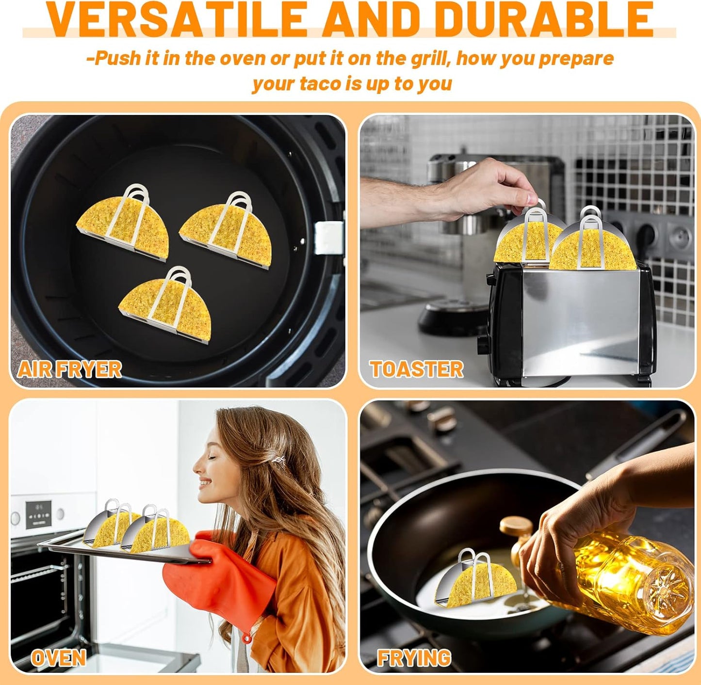 Skiennix Stainless Steel Taco Shell Mold - 4 Pack Tortilla Holder for Crispy Baking & Frying