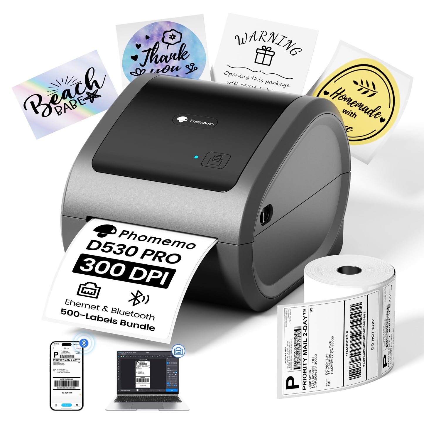 Phomemo 300 DPI 4x6 Thermal Shipping Label Printer with 500 Labels, Ethernet Bluetooth USB, High Resolution Thermal Printer for Small Business, Compatible with iOS Android Windows Mac, for USPS UPS