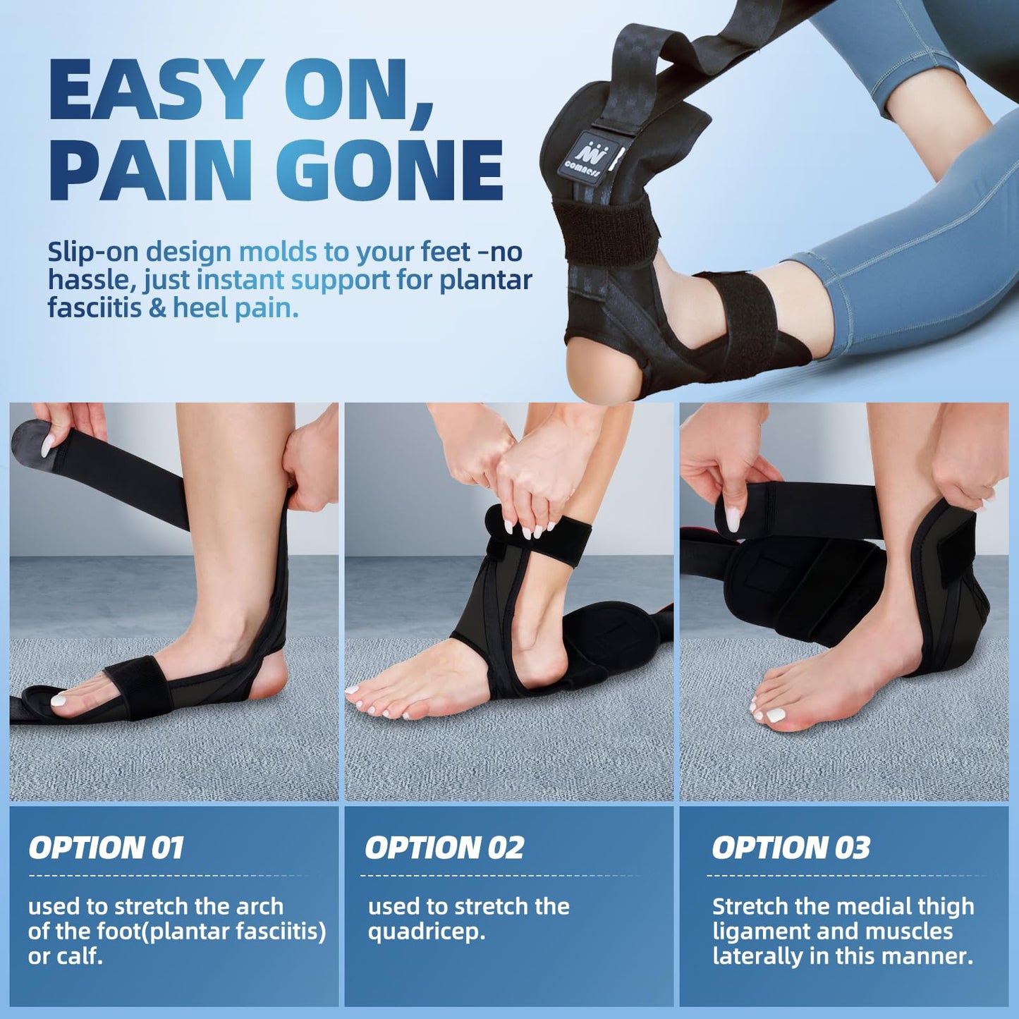 comness Foot and Calf Stretcher-Stretching Strap For Plantar Fasciitis, Heel Spurs, Foot Drop, Achilles Tendonitis & Hamstring. Yoga Foot & Leg Stretch Strap. (Black)