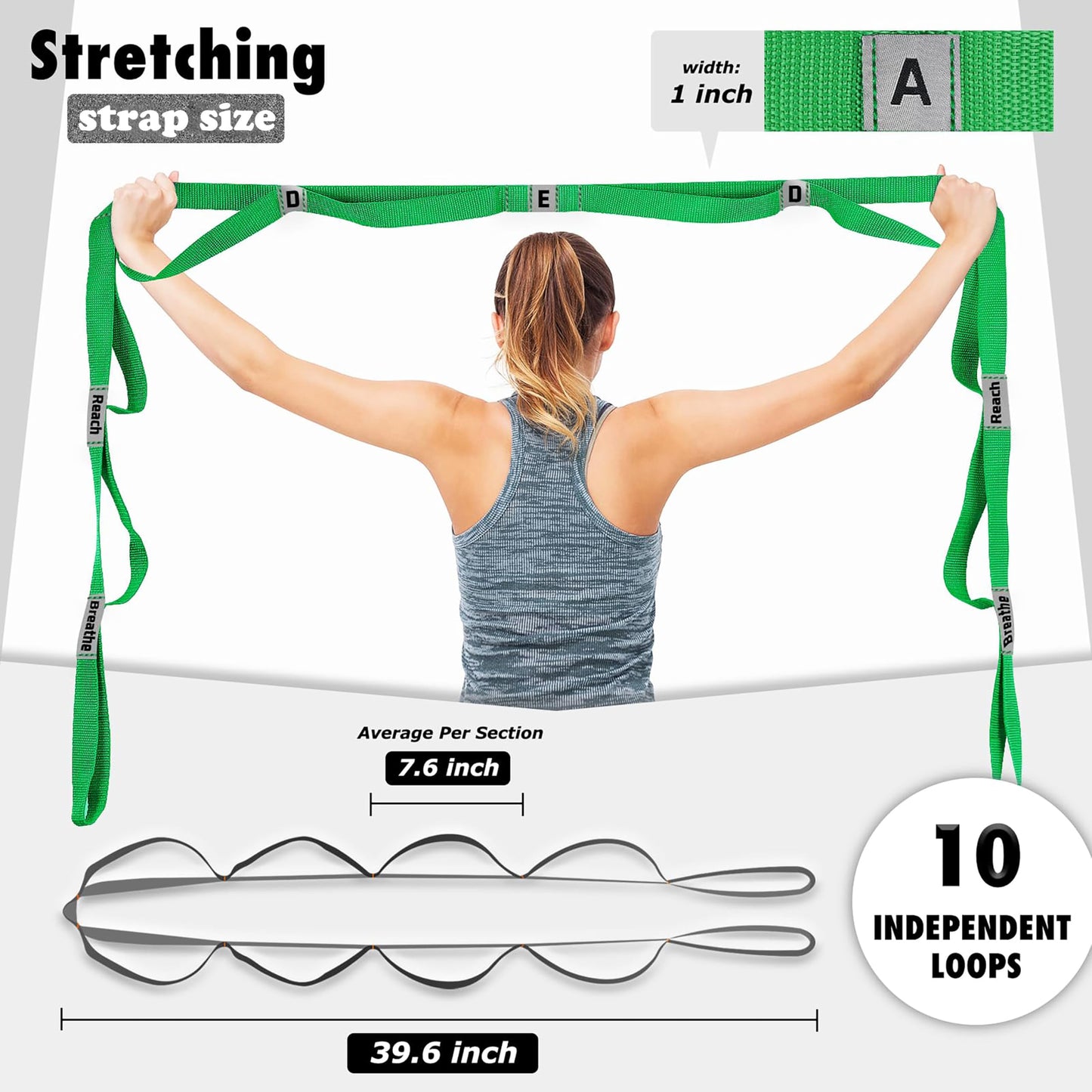 LXLOVESM Stretching Strap Yoga Strap with 10 Loops, Non-Elastic Stretch Band for Physical Therapy, Flexibility, Exercise, Pilates, Dance & Gymnastics Workout (Green)
